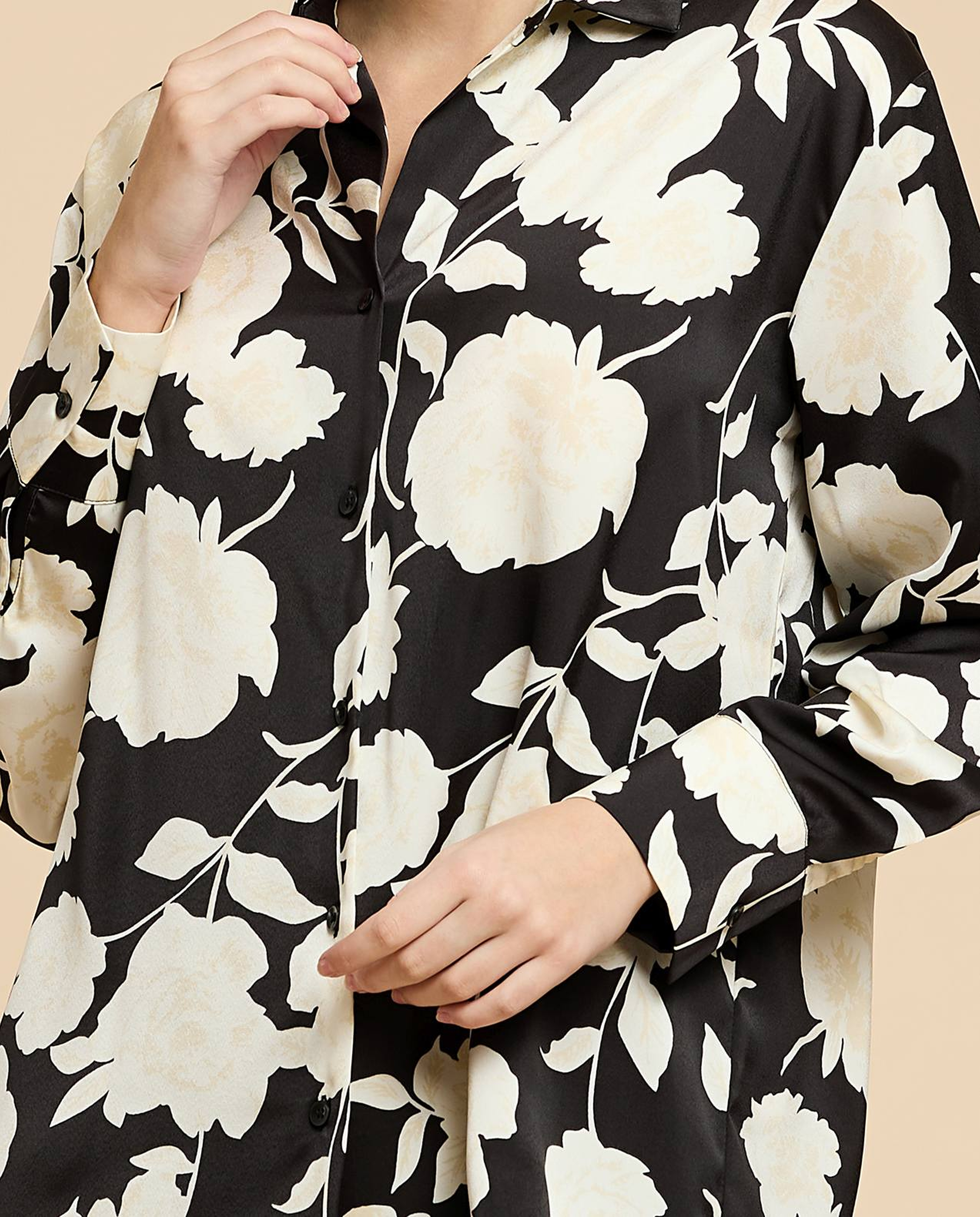 Printed Satin Shirt with Classic Collar and Long Sleeves