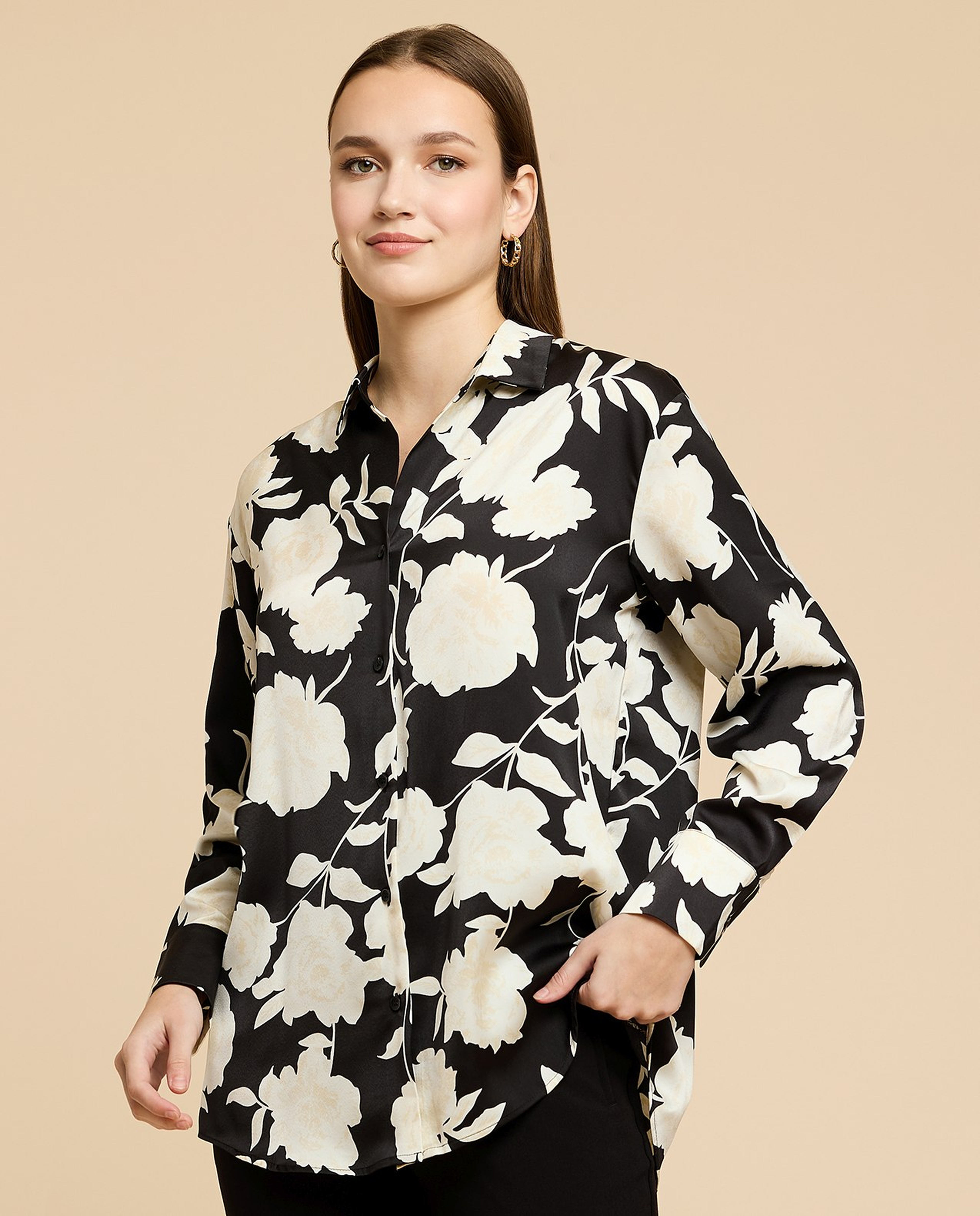 Printed Satin Shirt with Classic Collar and Long Sleeves