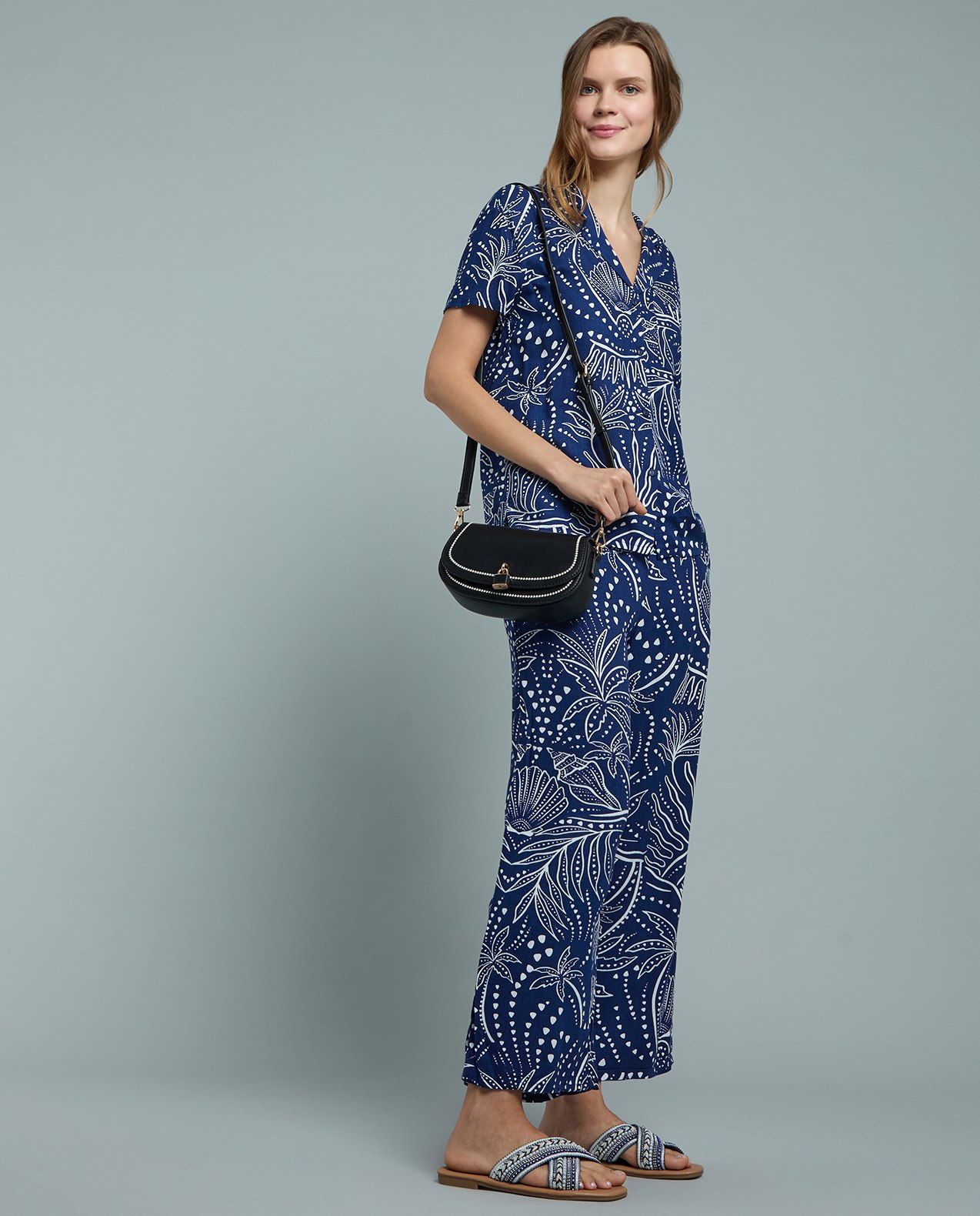 Patterned Linen Wide Leg Pants with Drawstring Waist