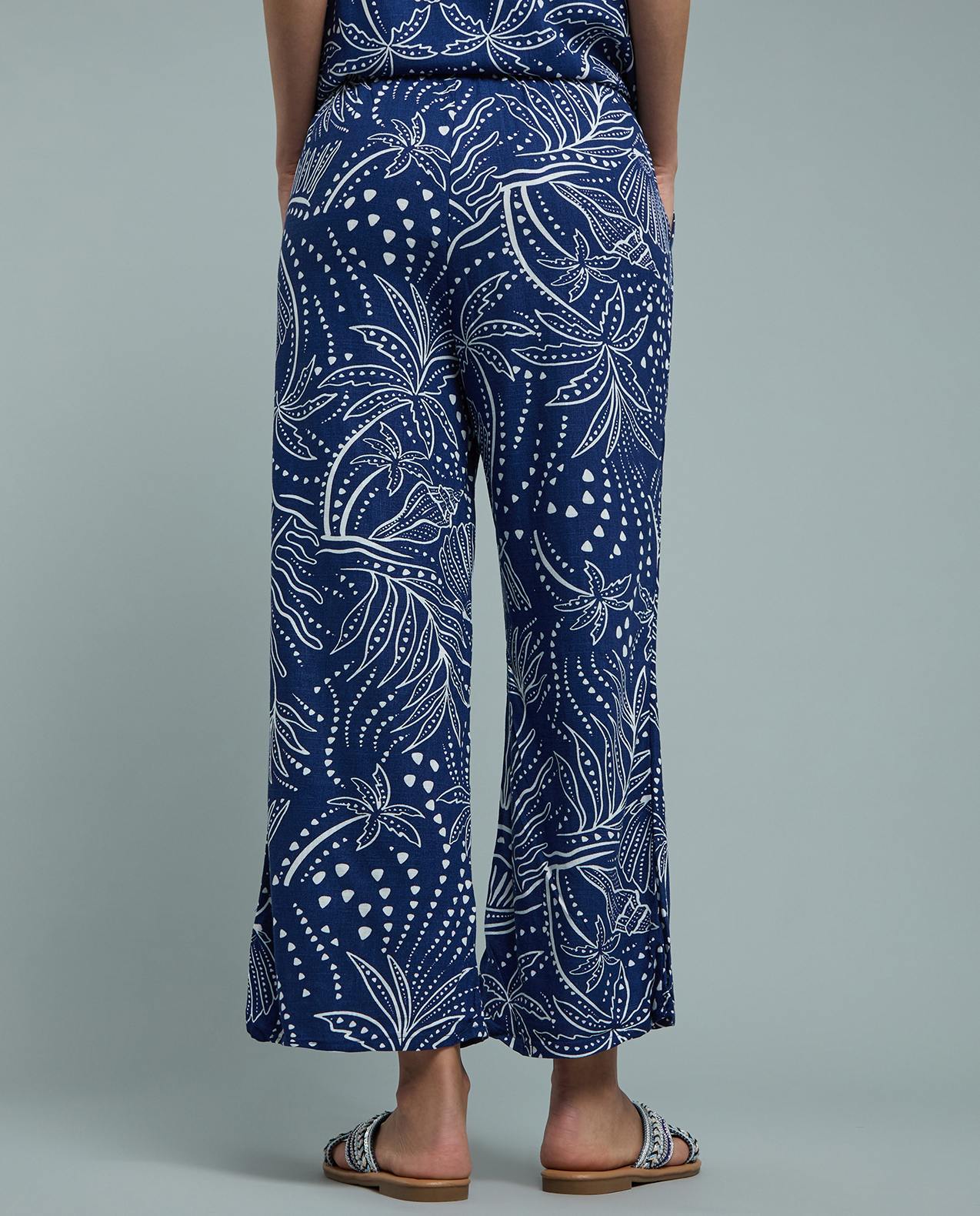Patterned Linen Wide Leg Pants with Drawstring Waist