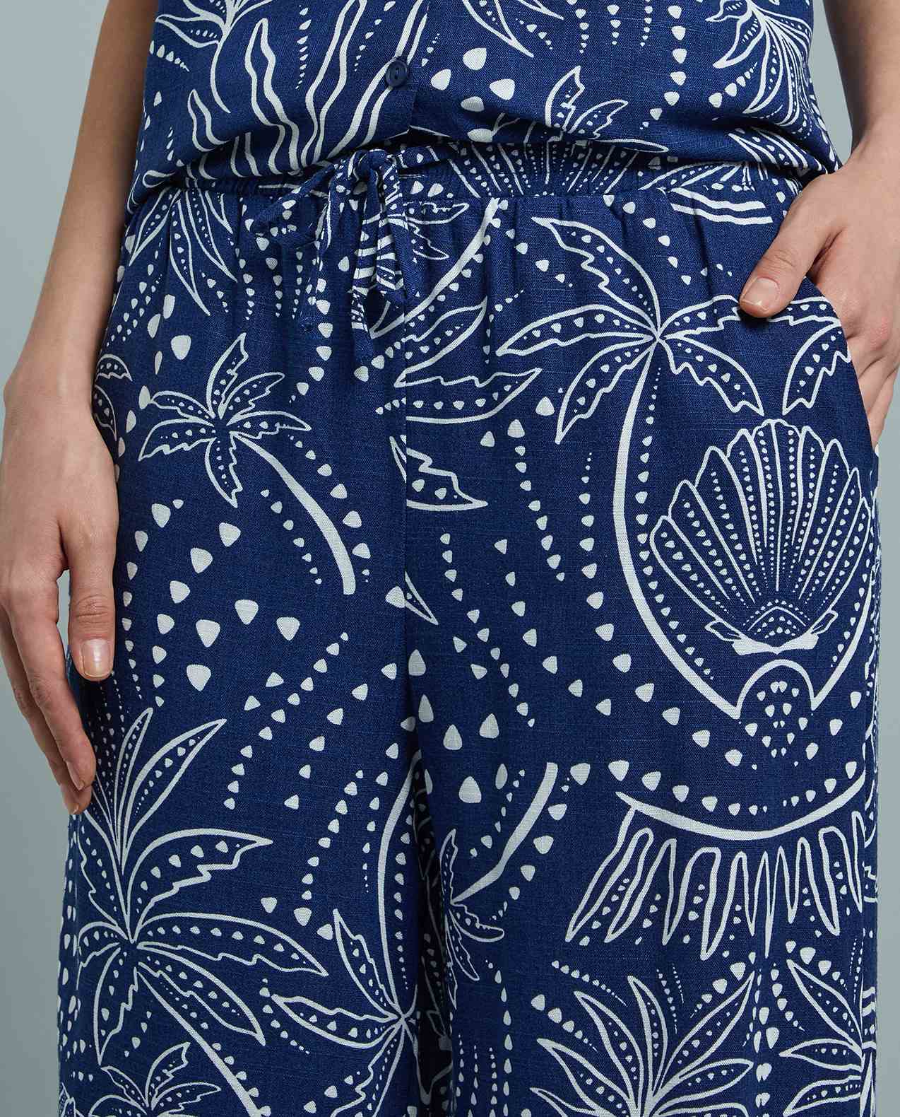 Patterned Linen Wide Leg Pants with Drawstring Waist