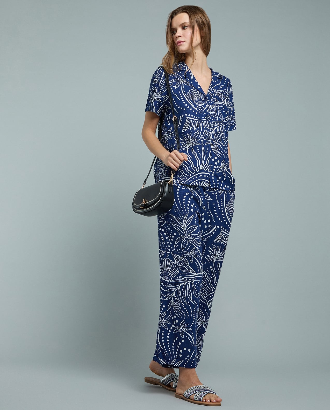 Patterned Linen Wide Leg Pants with Drawstring Waist