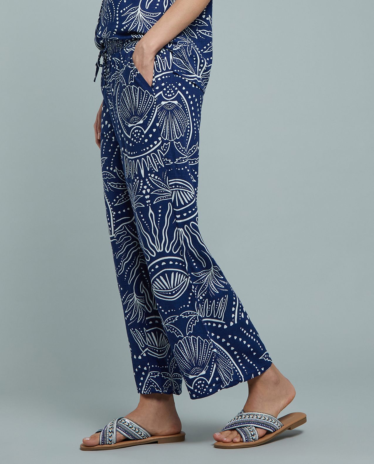 Patterned Linen Wide Leg Pants with Drawstring Waist