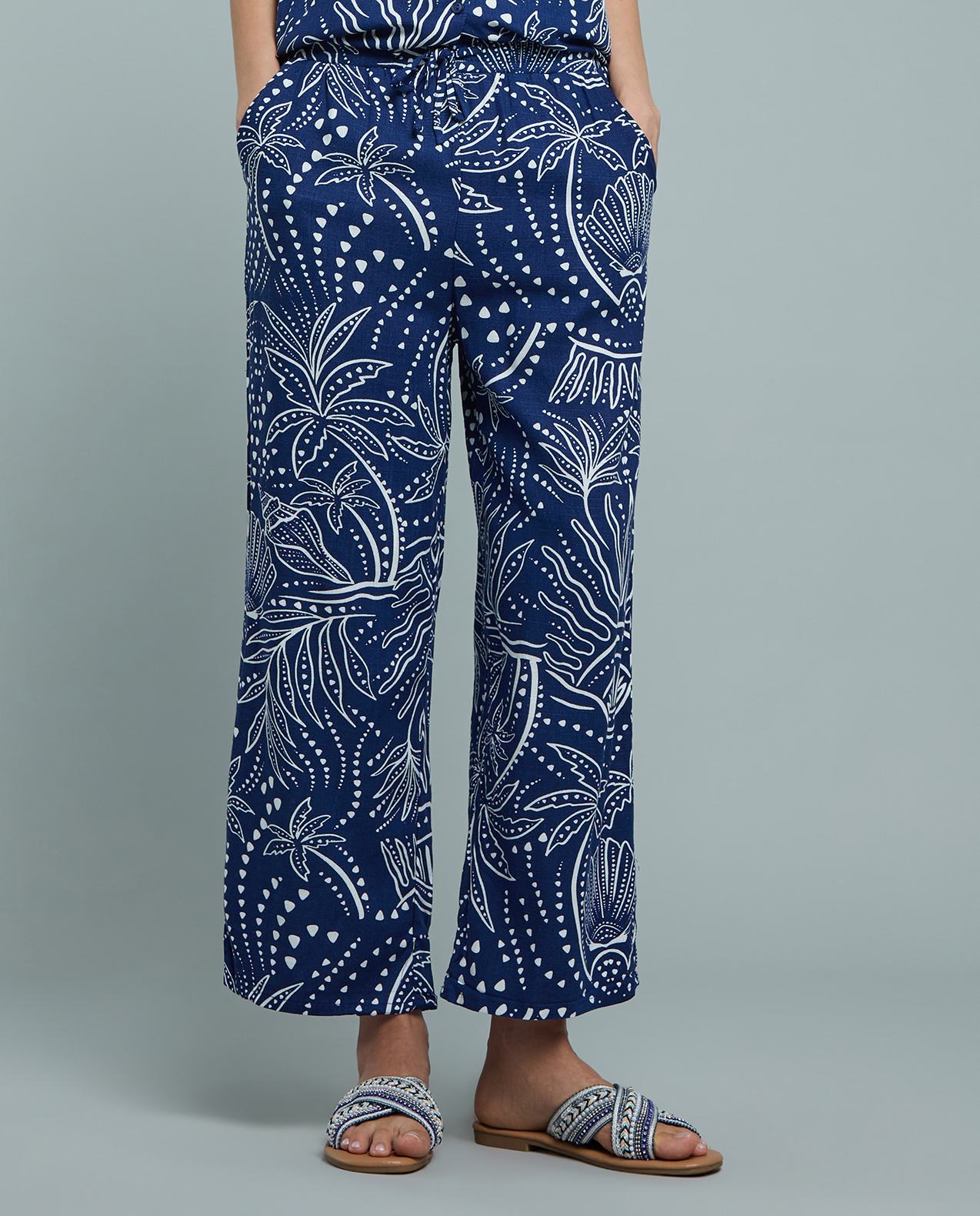 Patterned Linen Wide Leg Pants with Drawstring Waist