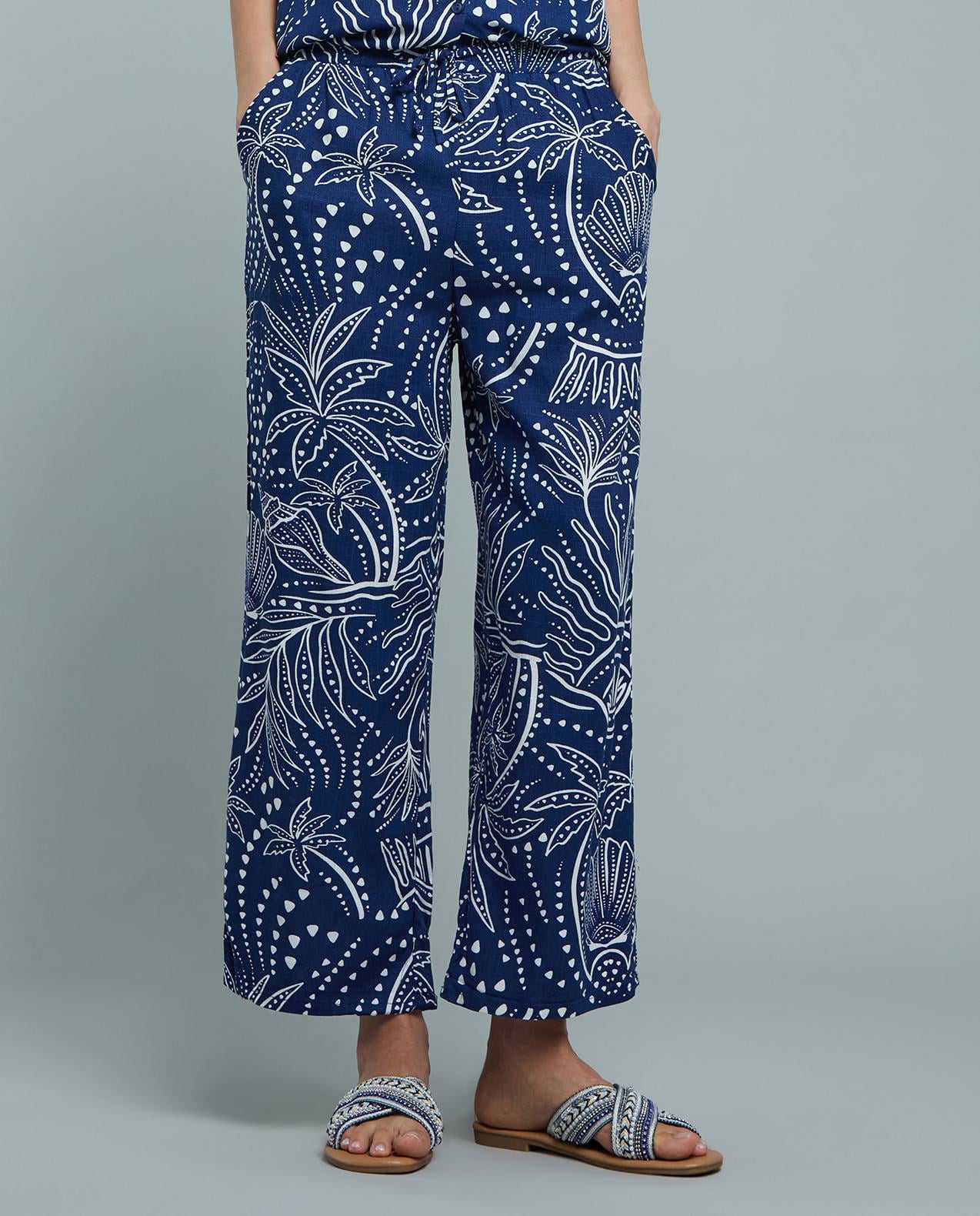 Patterned Linen Wide Leg Pants with Drawstring Waist