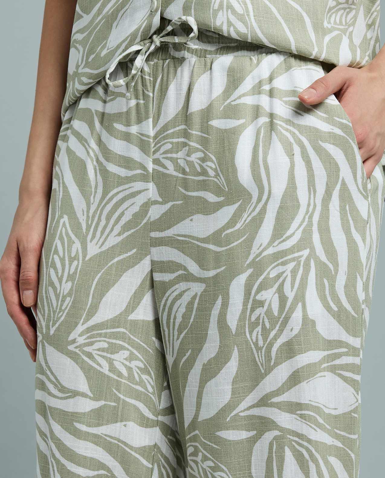 Patterned Linen Wide Leg Pants with Drawstring Waist