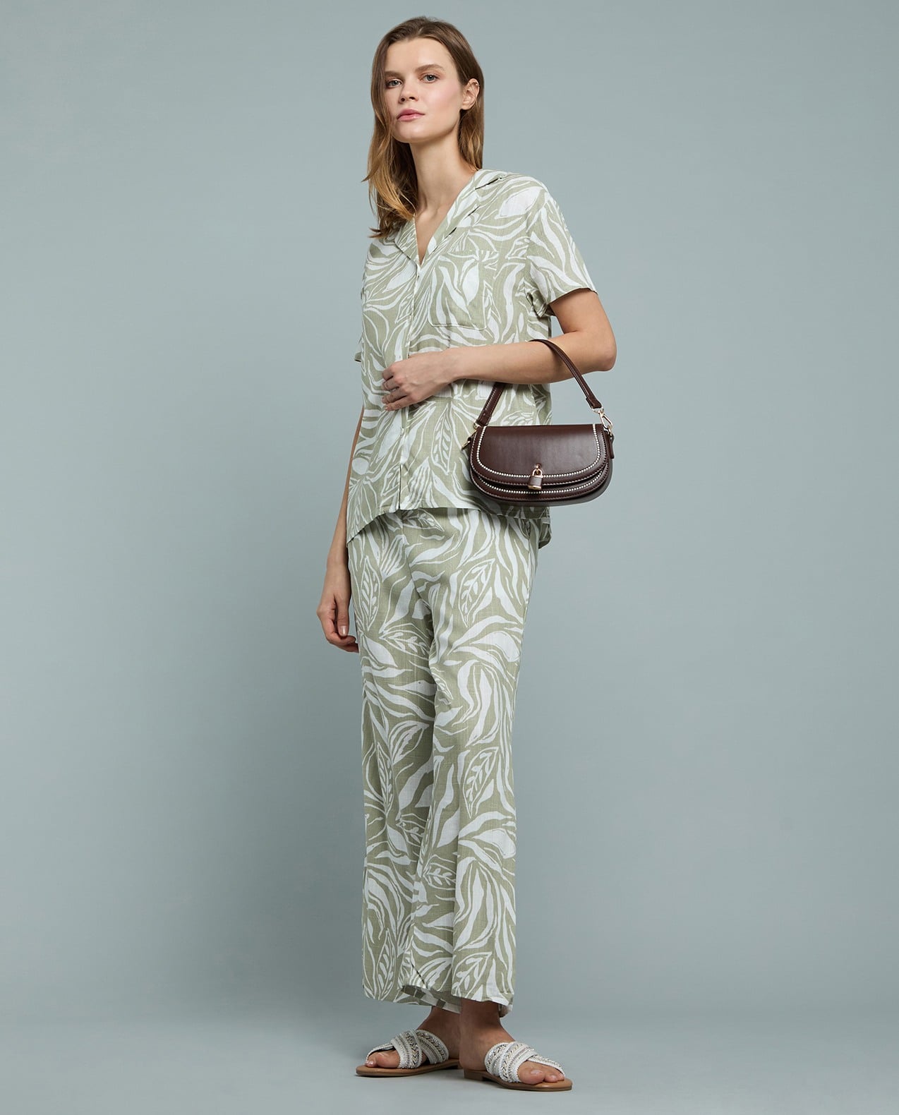 Patterned Linen Wide Leg Pants with Drawstring Waist