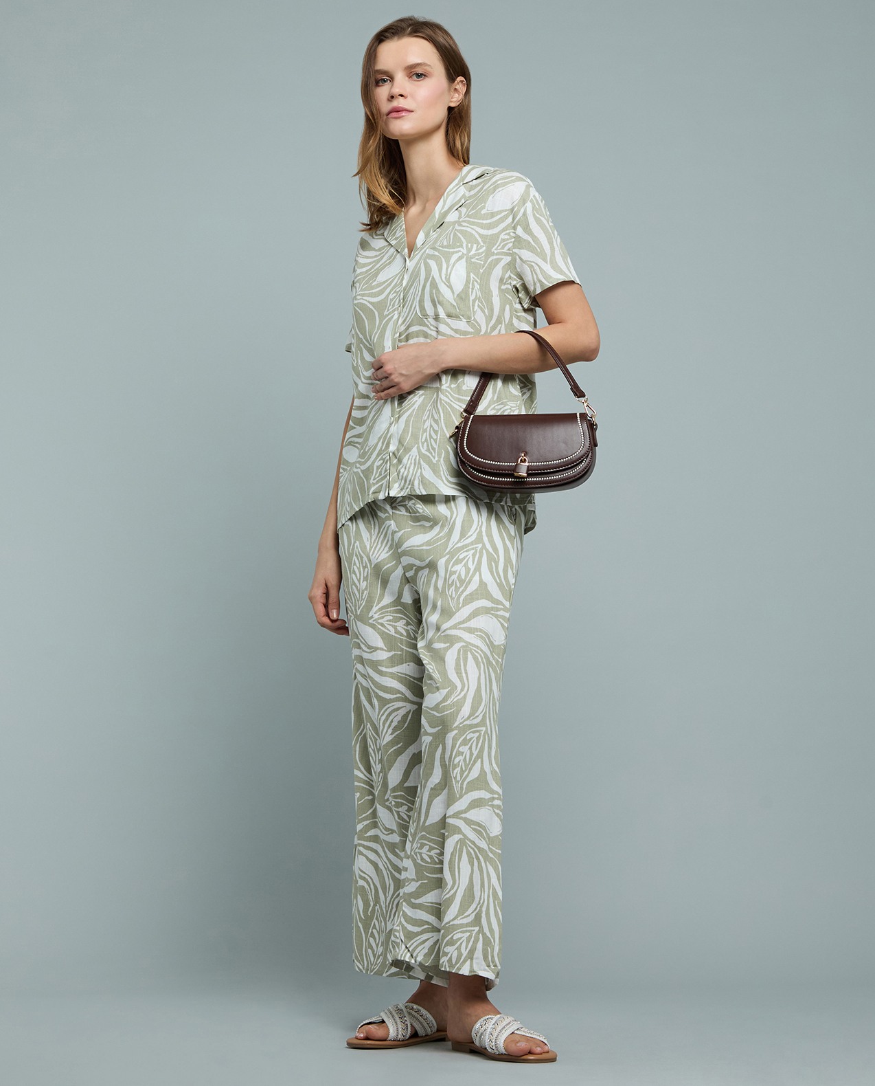 Patterned Linen Wide Leg Pants with Drawstring Waist