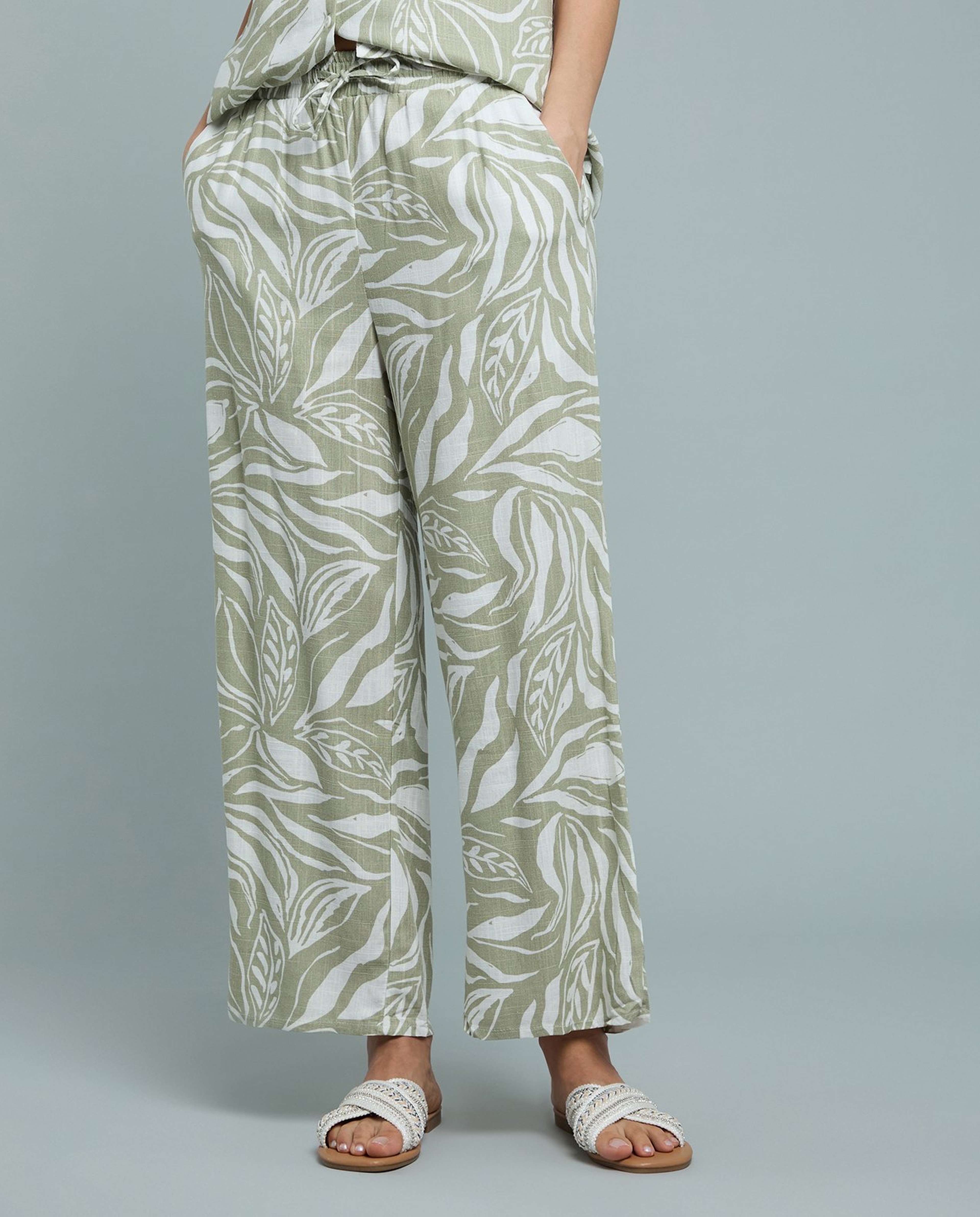 Patterned Linen Wide Leg Pants with Drawstring Waist