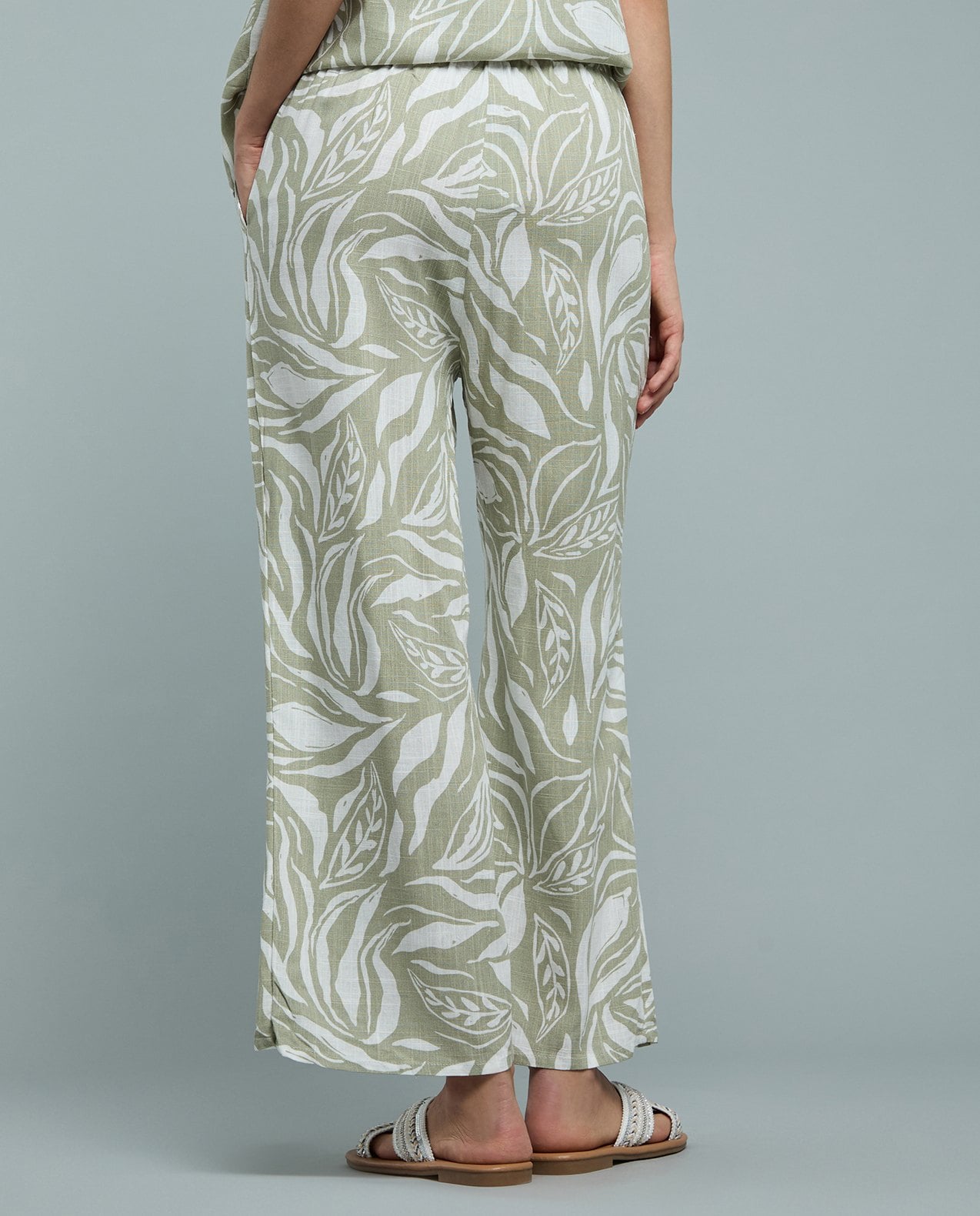 Patterned Linen Wide Leg Pants with Drawstring Waist