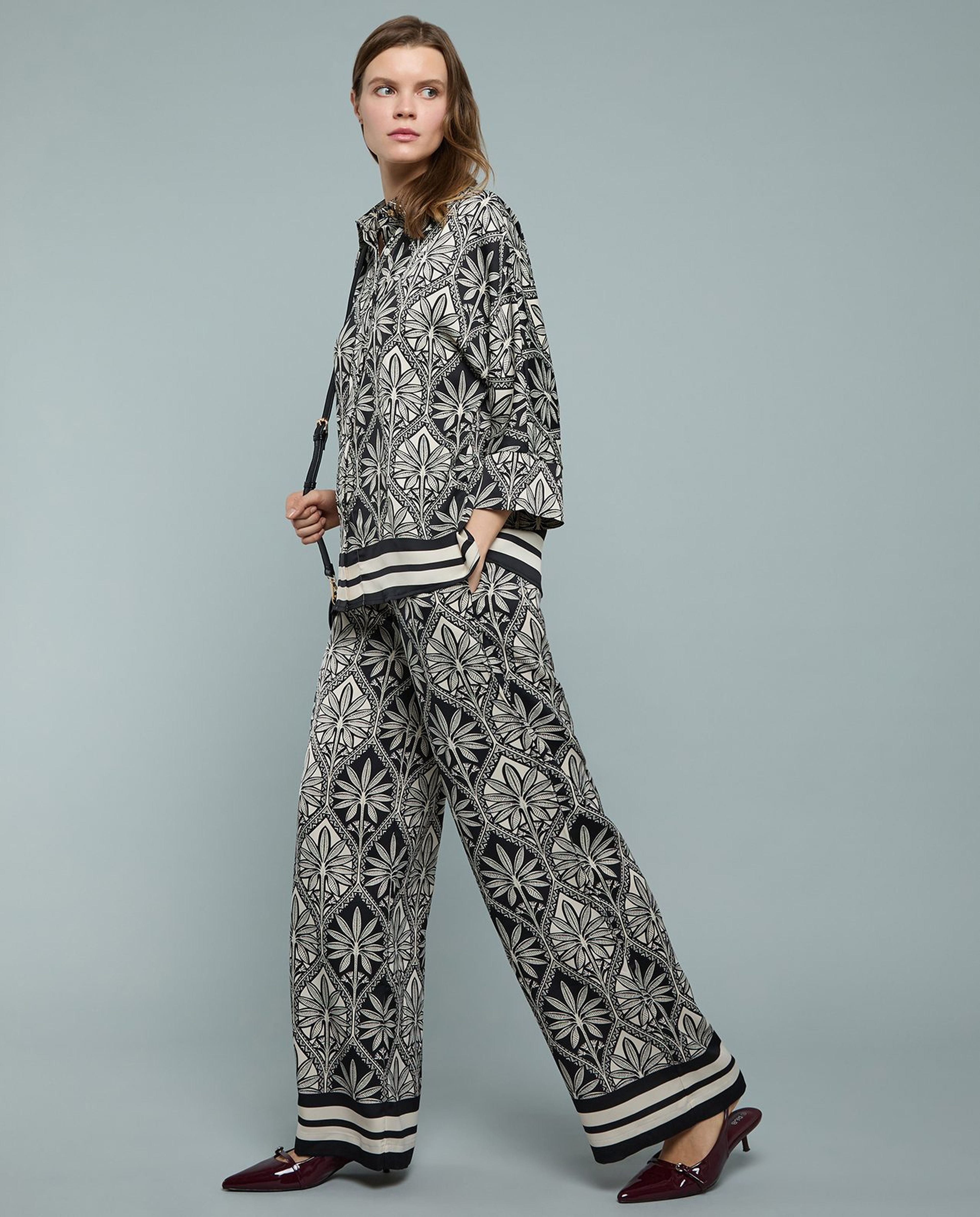 Patterned Satin Wide Leg Pants with Drawstring Waist