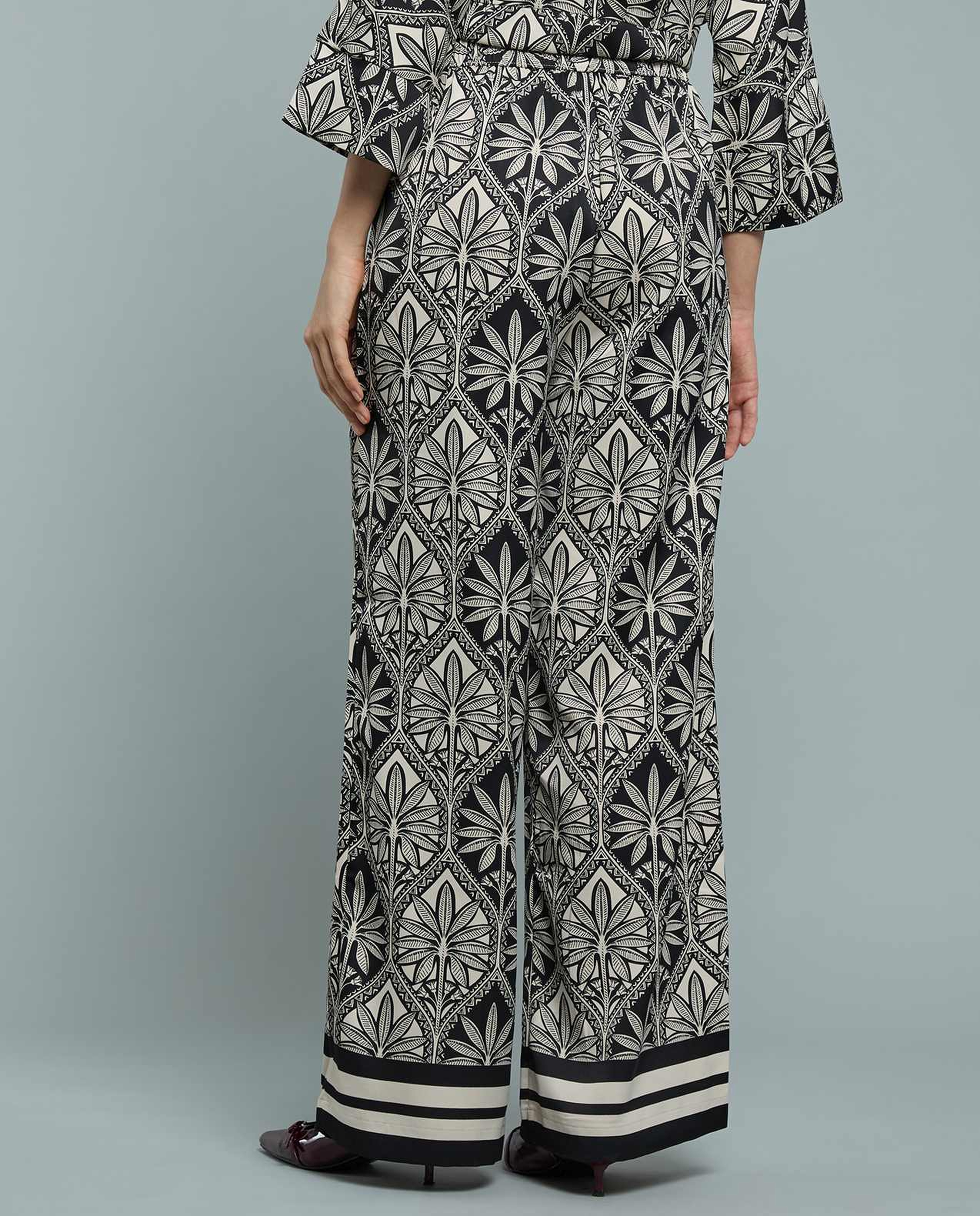 Patterned Satin Wide Leg Pants with Drawstring Waist