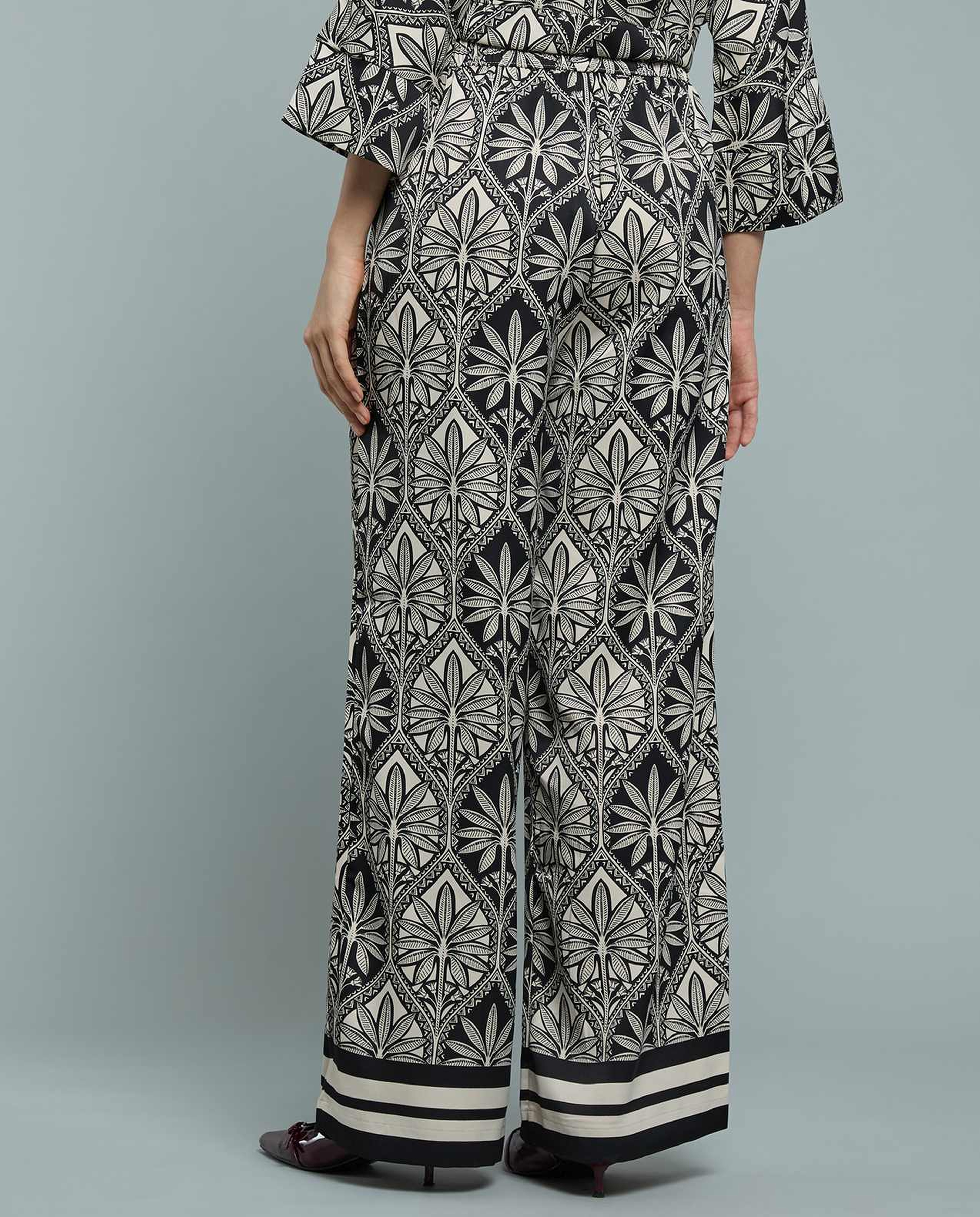 Patterned Satin Wide Leg Pants with Drawstring Waist