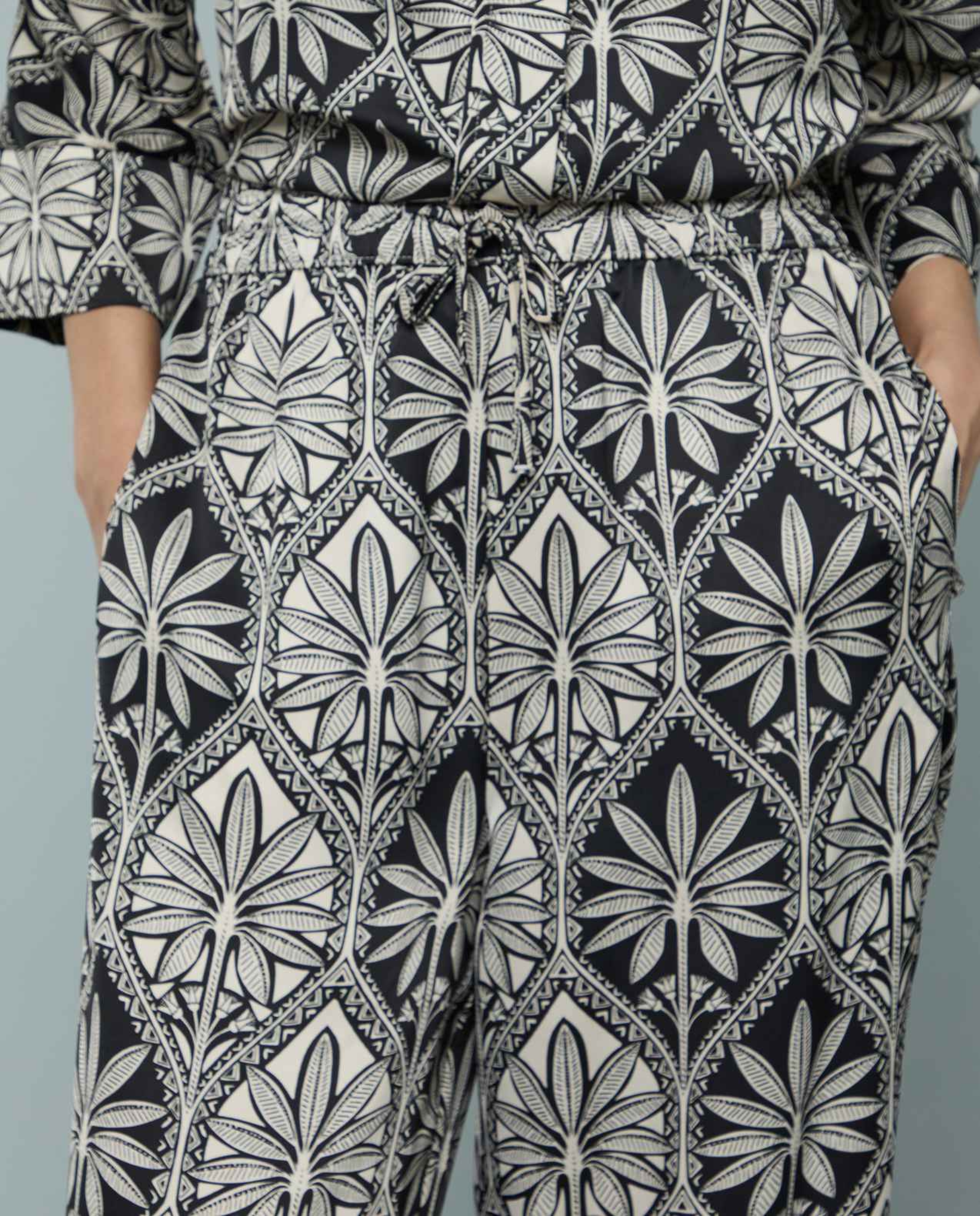 Patterned Satin Wide Leg Pants with Drawstring Waist