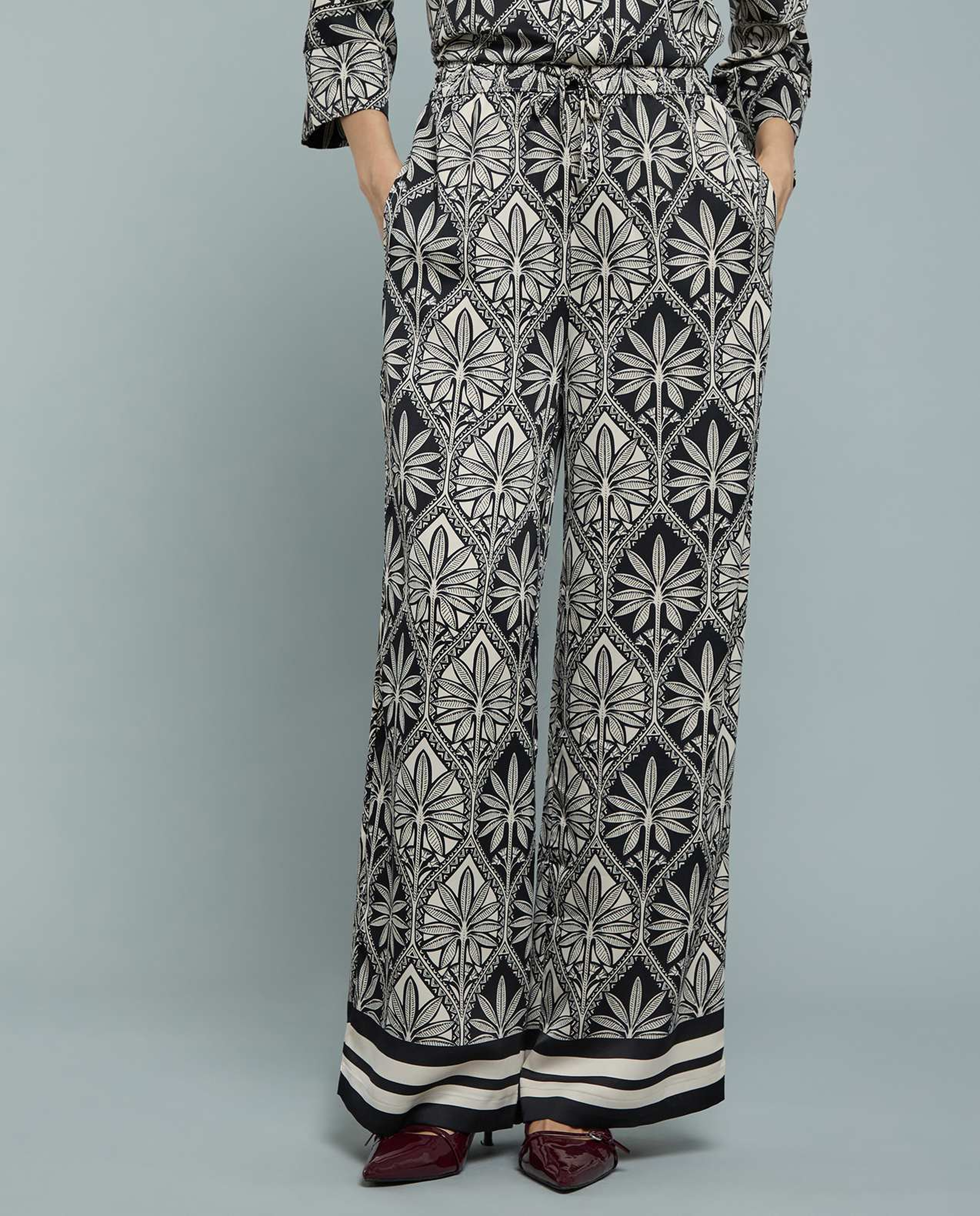 Patterned Satin Wide Leg Pants with Drawstring Waist