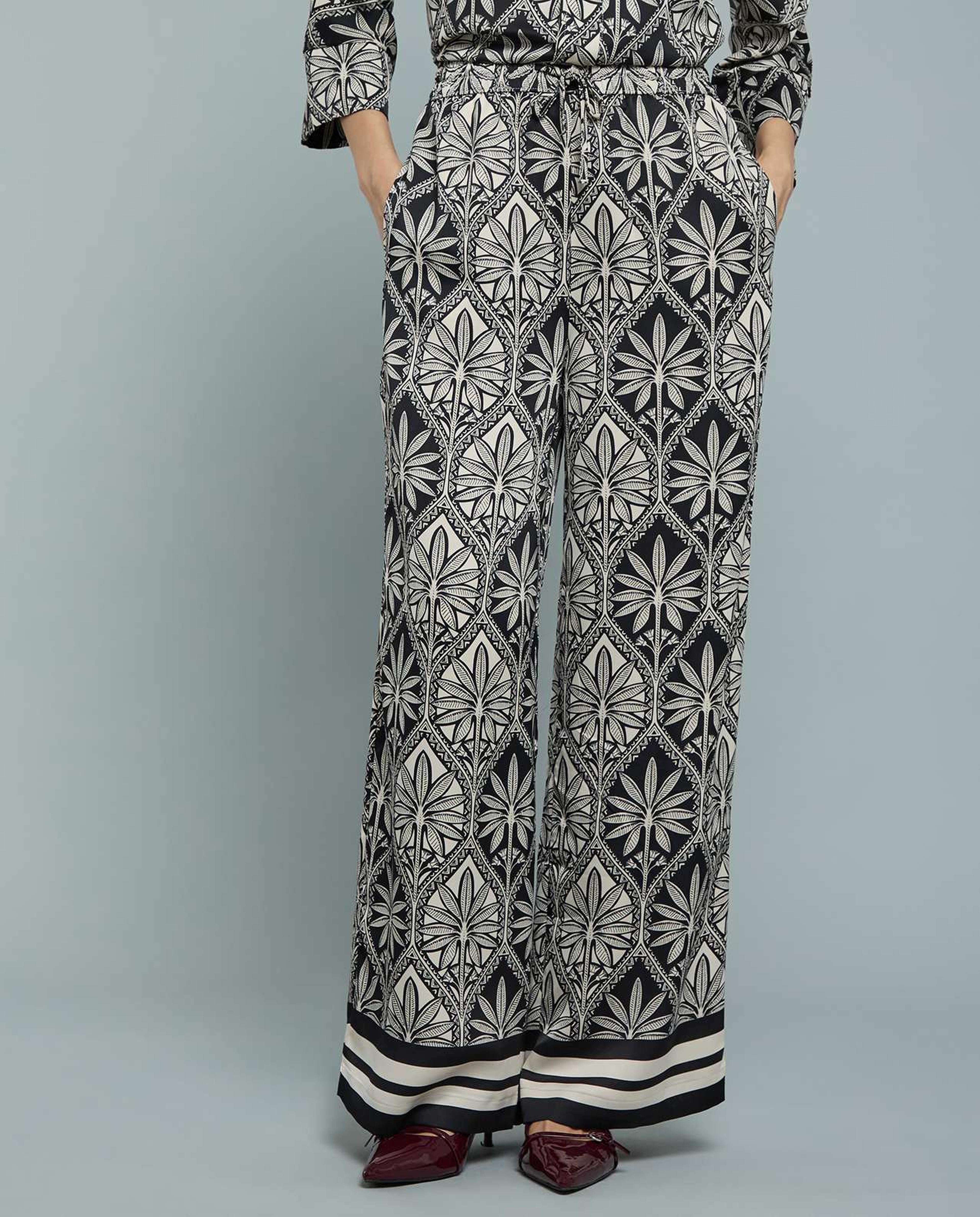 Patterned Satin Wide Leg Pants with Drawstring Waist