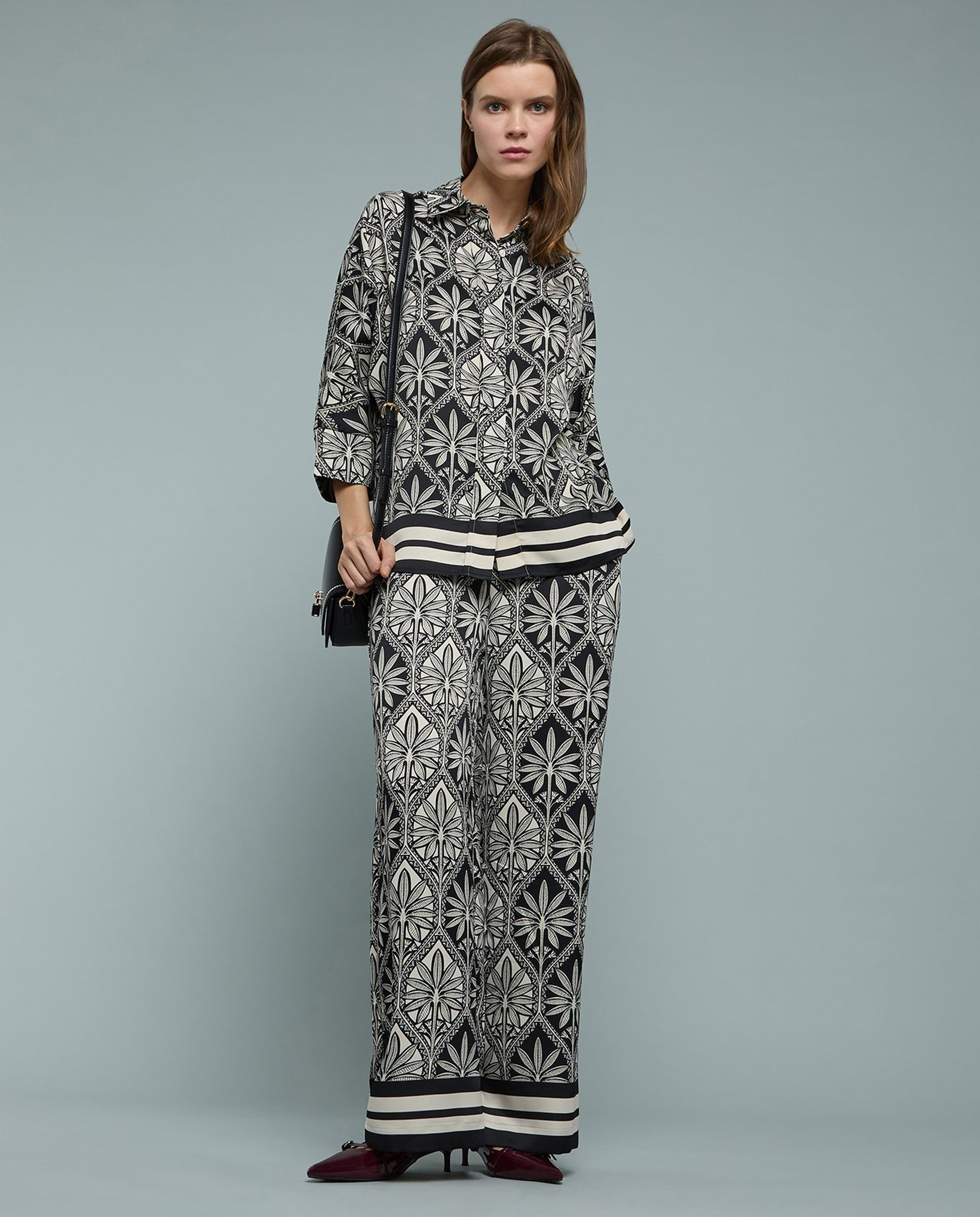 Patterned Satin Wide Leg Pants with Drawstring Waist