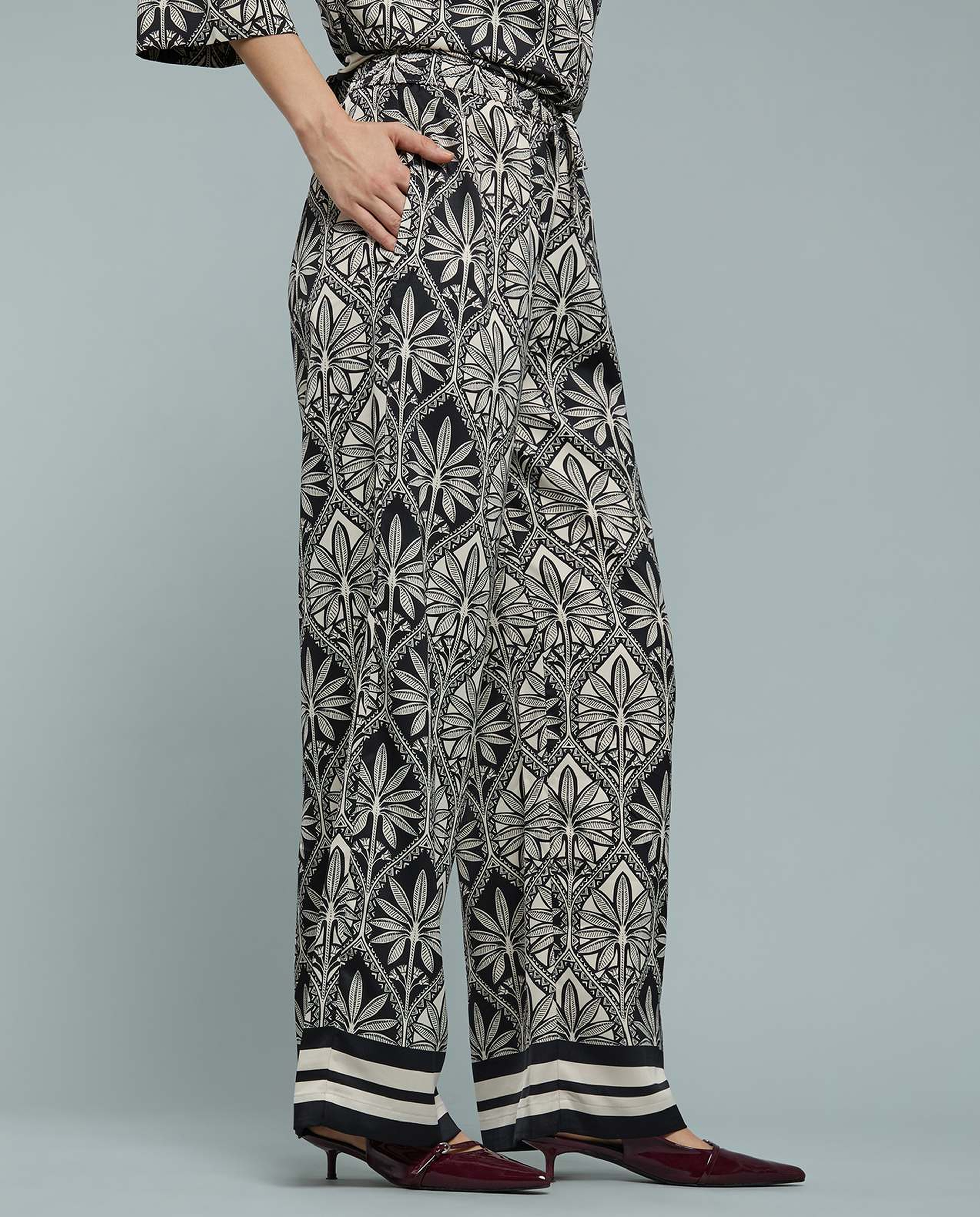 Patterned Satin Wide Leg Pants with Drawstring Waist