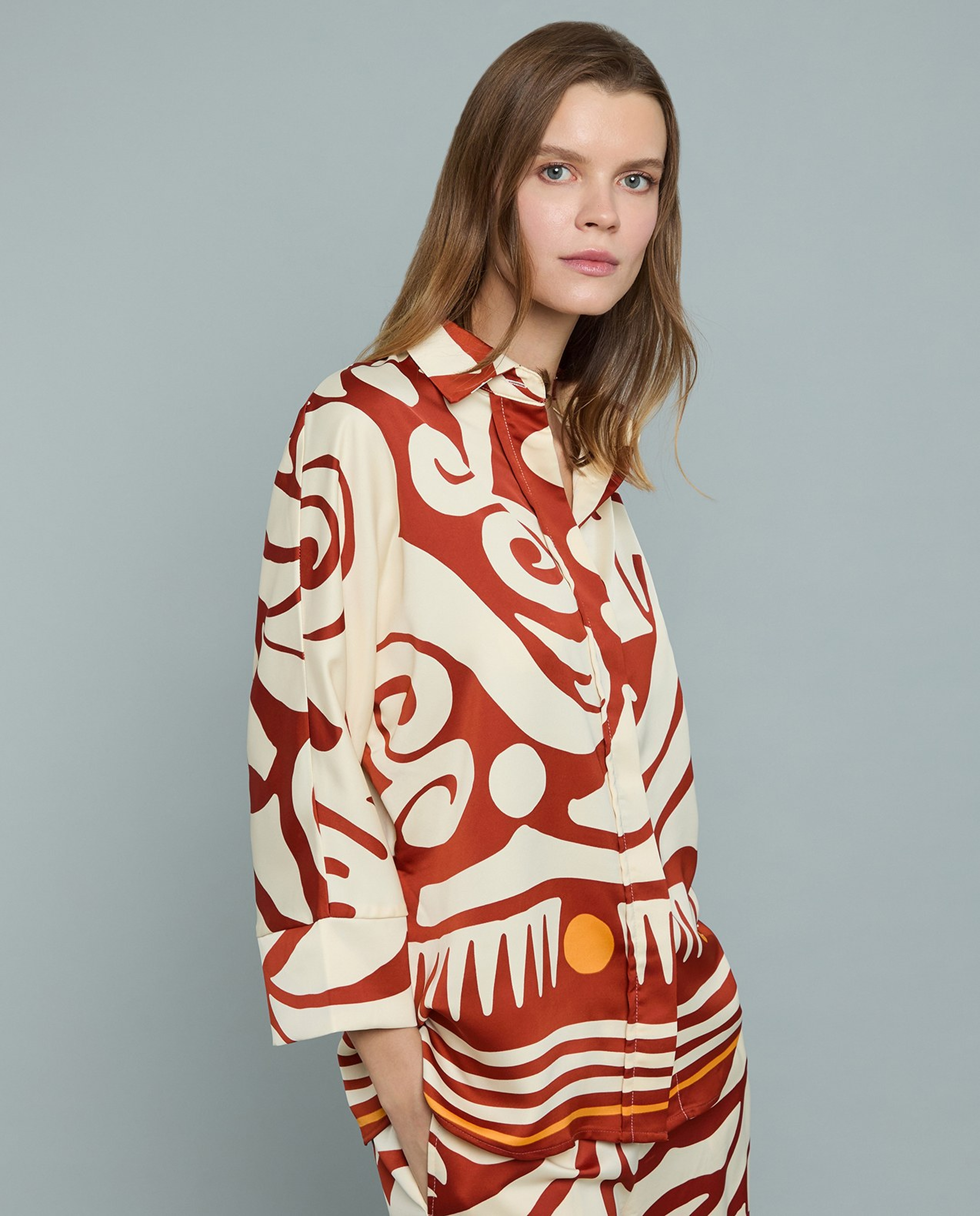 Patterned Shirt with Classic Collar and 3/4 Sleeves