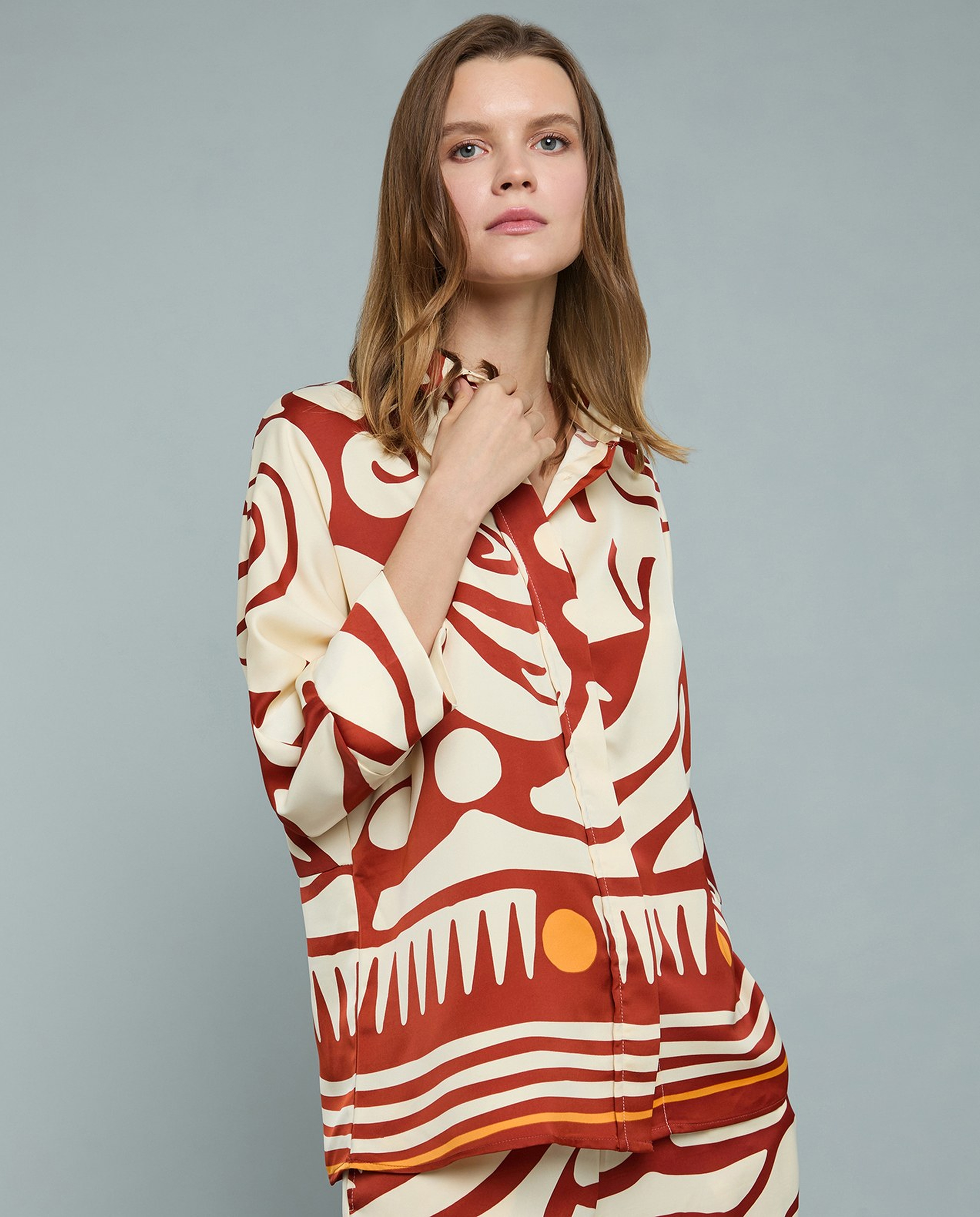 Patterned Shirt with Classic Collar and 3/4 Sleeves