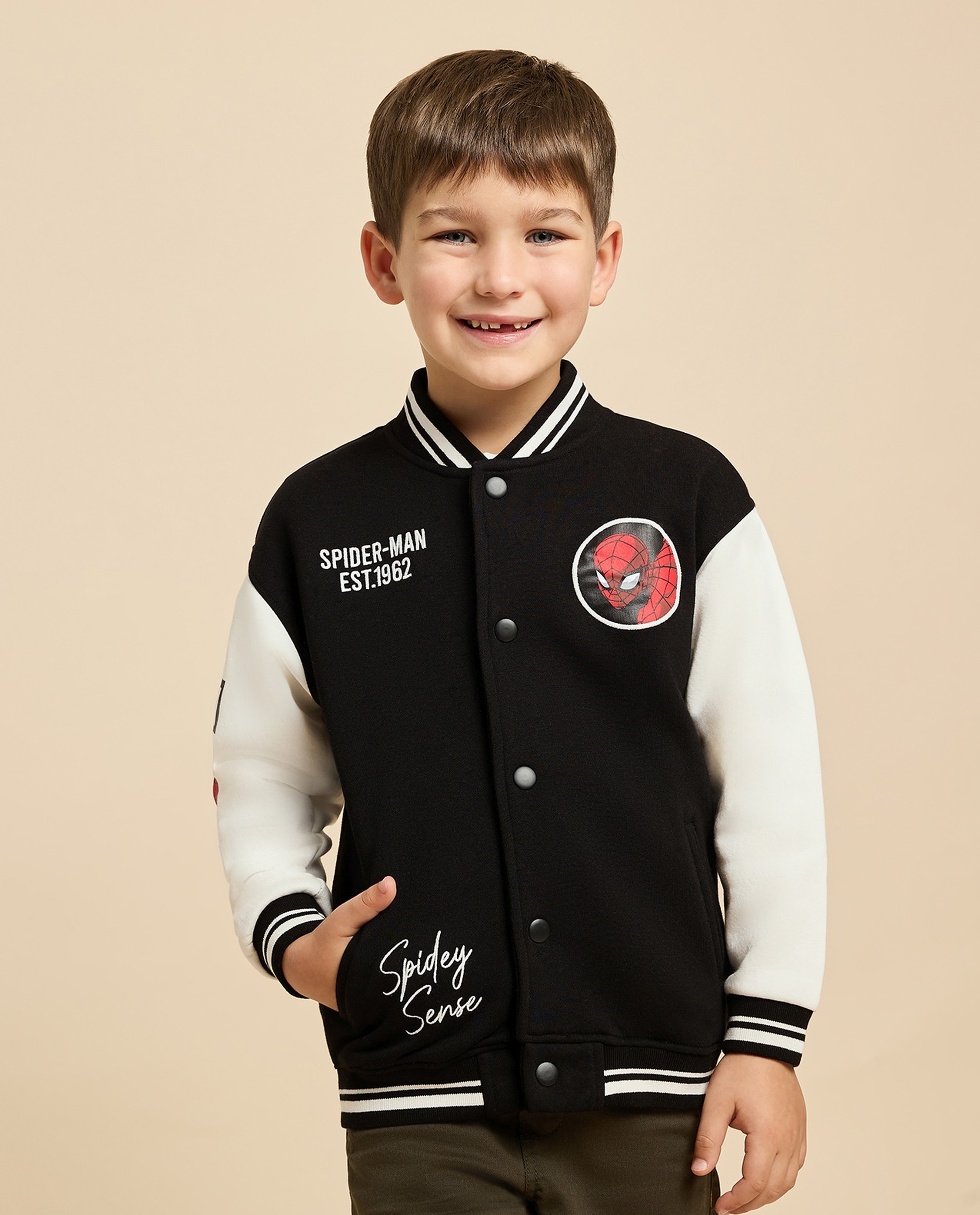 Spiderman Printed Jacket with Snap Button Closure