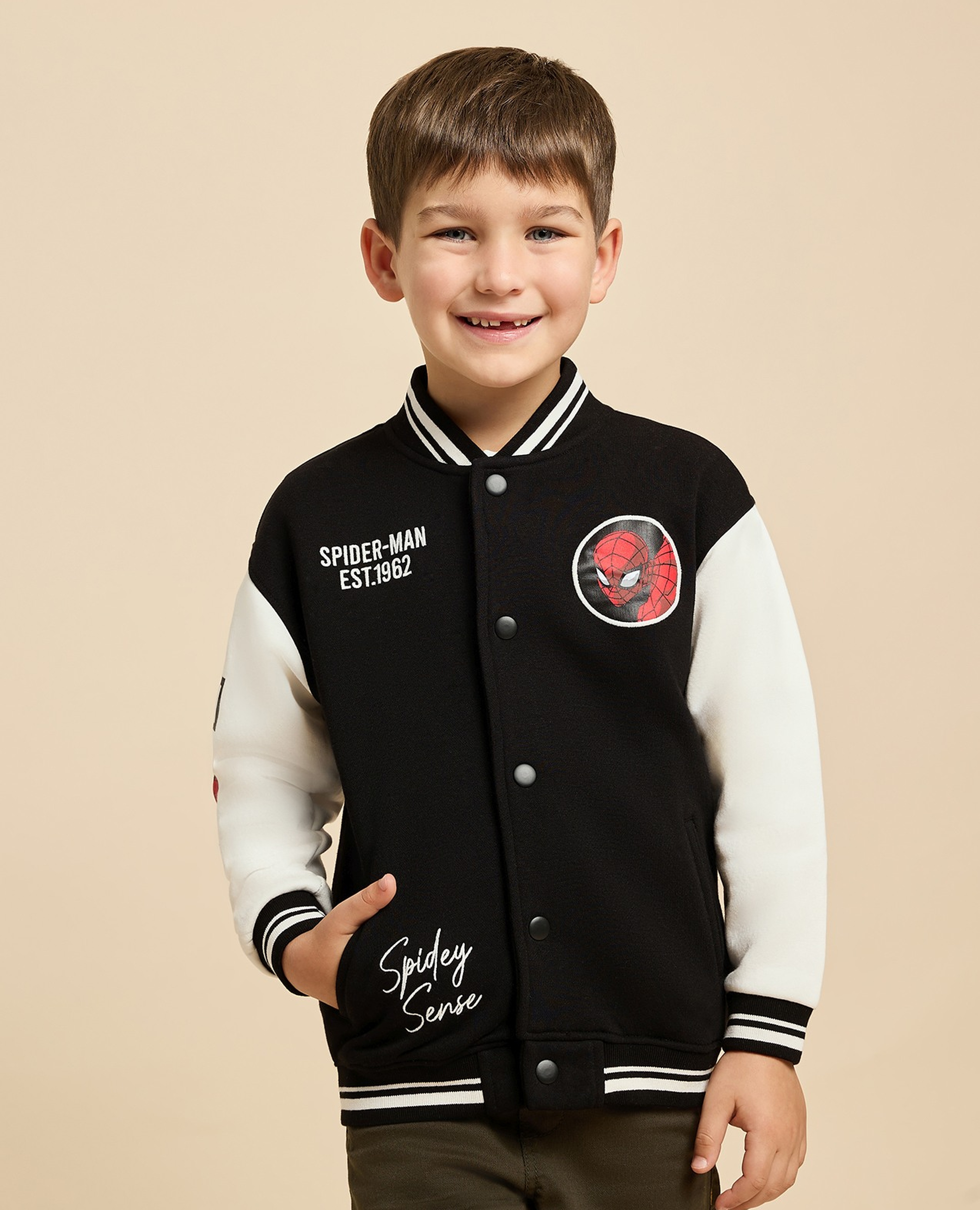 Spiderman Printed Jacket with Snap Button Closure