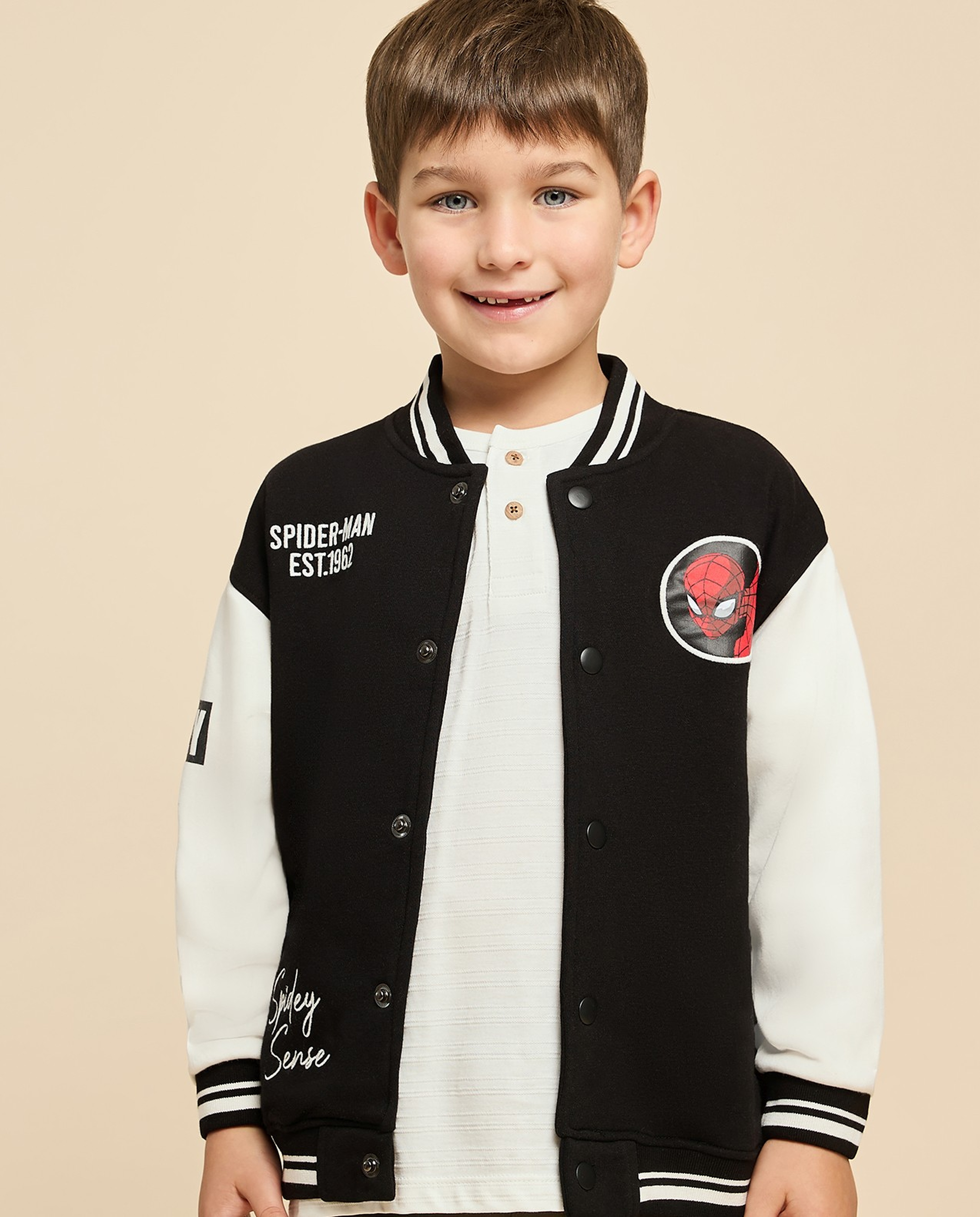 Spiderman Printed Jacket with Snap Button Closure