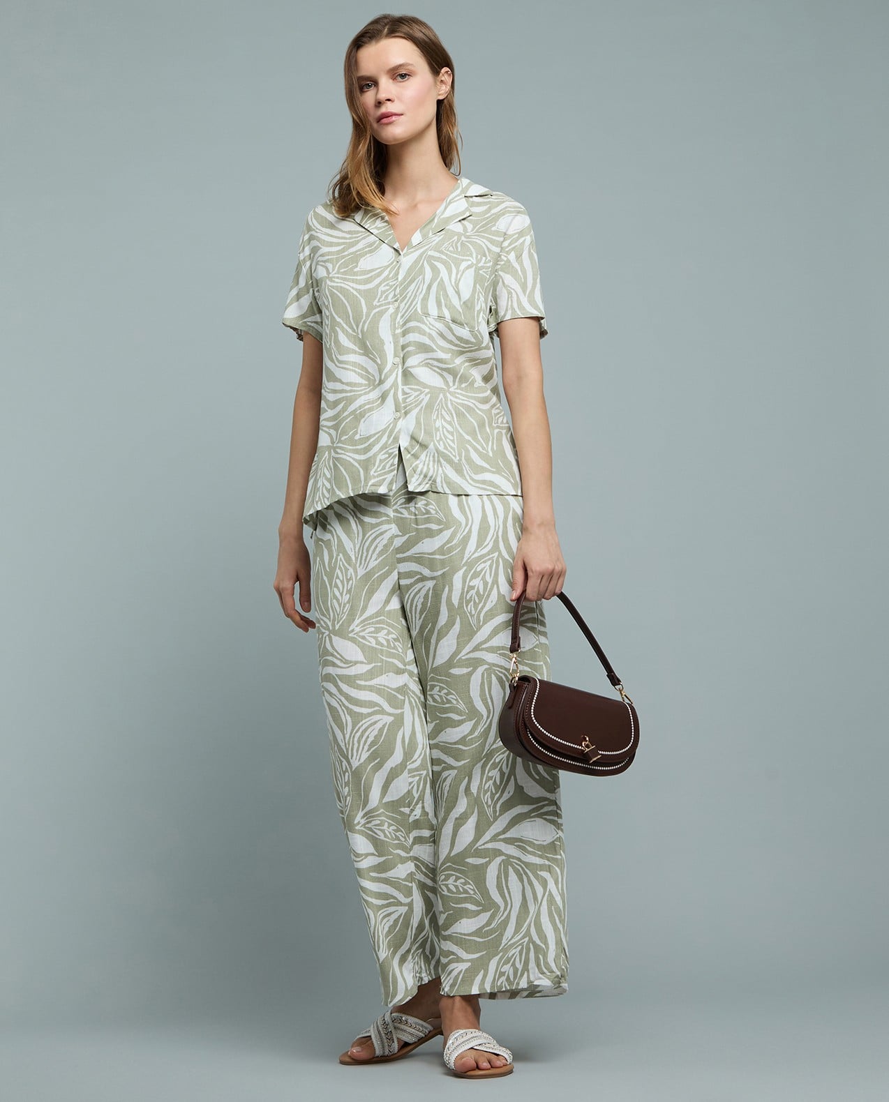 Patterned Linen Wide Leg Pants with Drawstring Waist