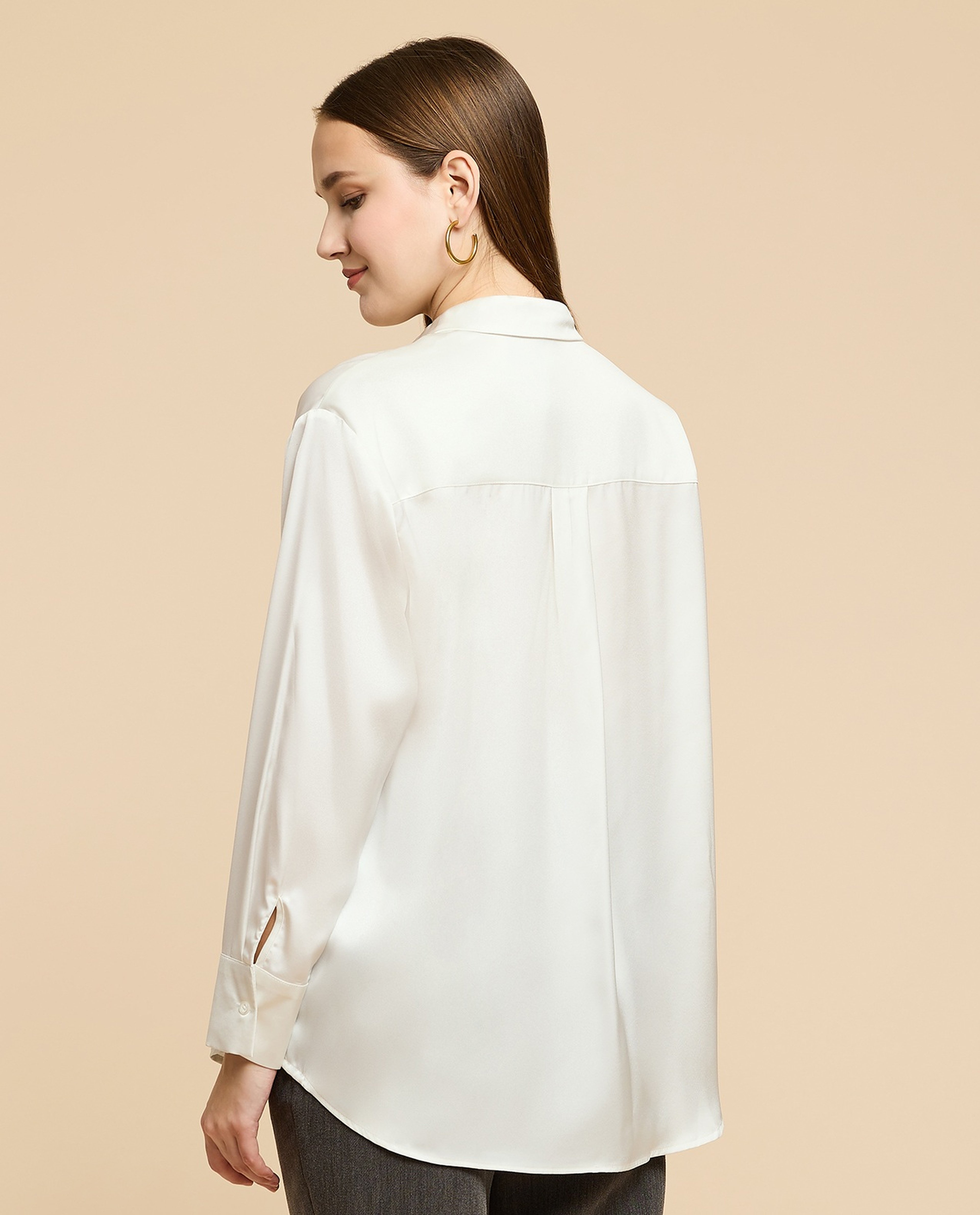 Solid Satin Shirt with Classic Collar and Long Sleeves