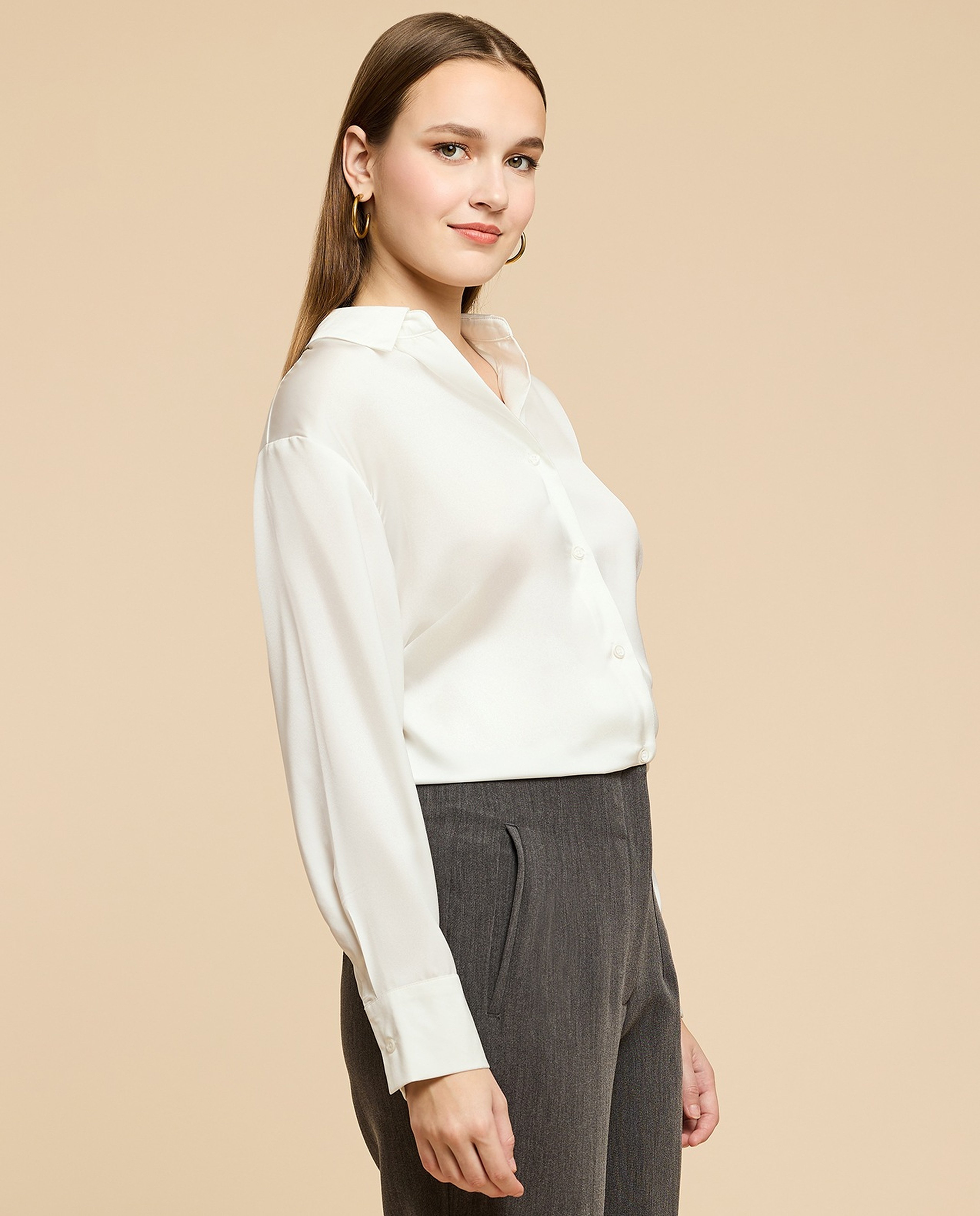 Solid Satin Shirt with Classic Collar and Long Sleeves