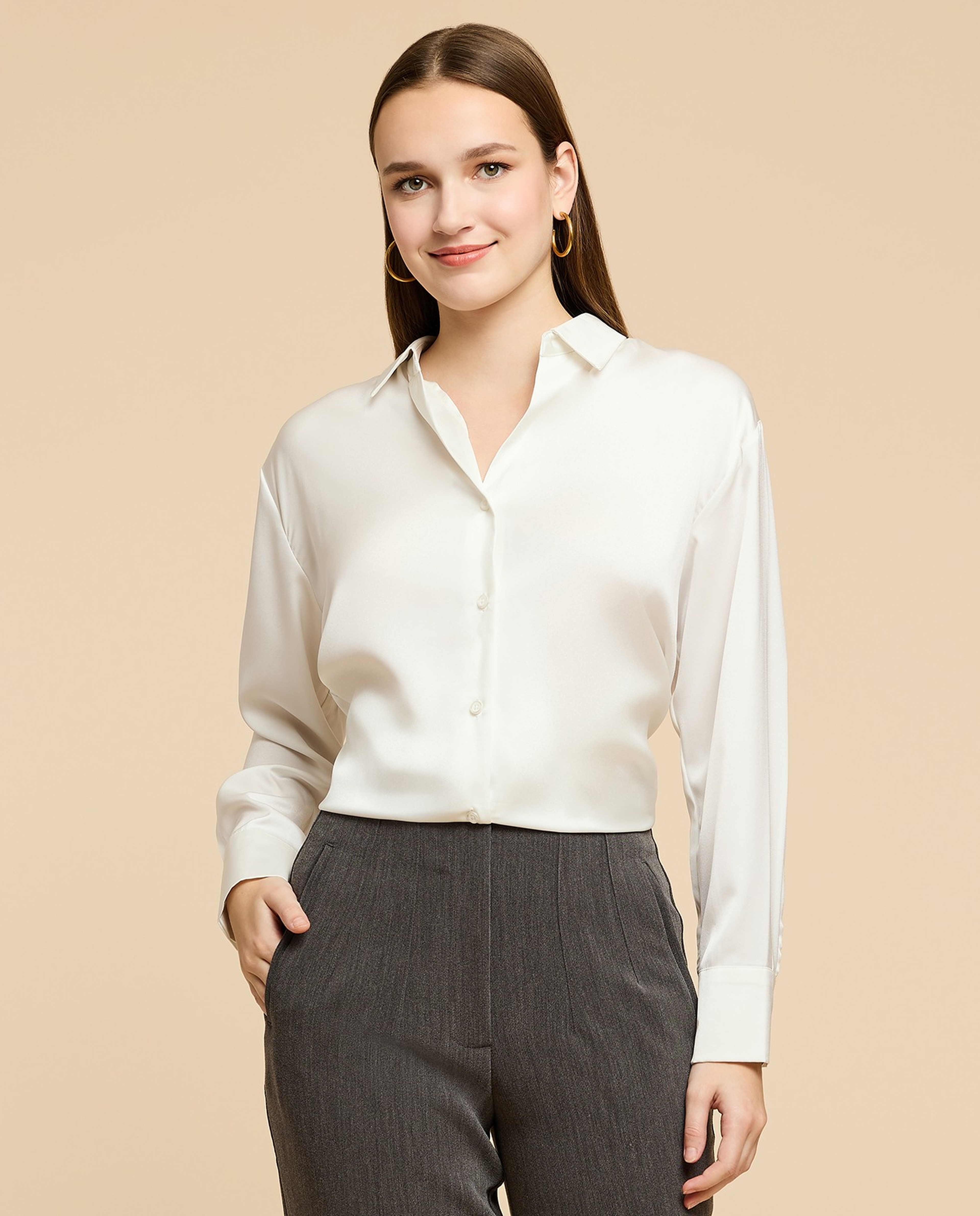 Solid Satin Shirt with Classic Collar and Long Sleeves
