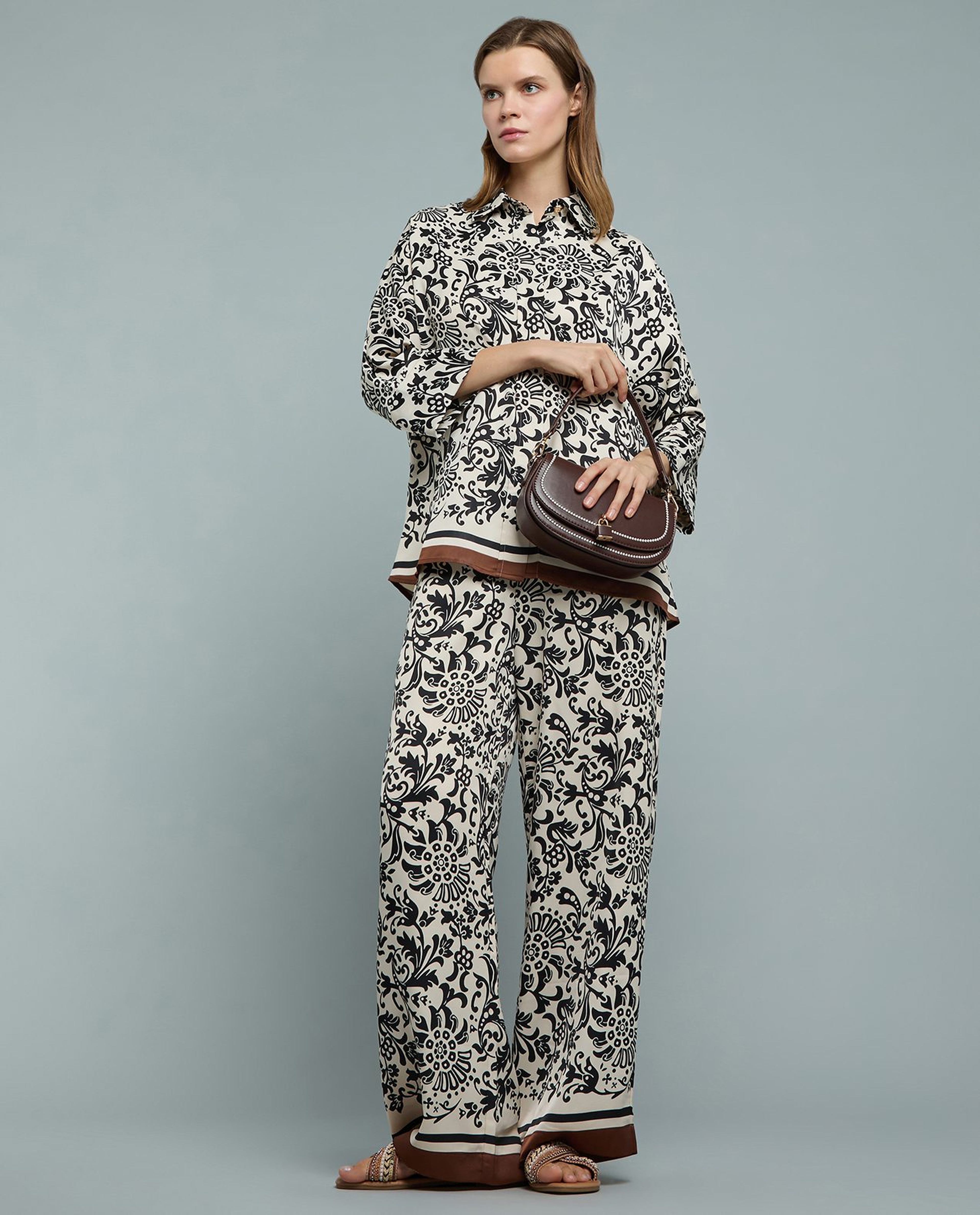 Patterned Shirt with Classic Collar and 3/4 Sleeves