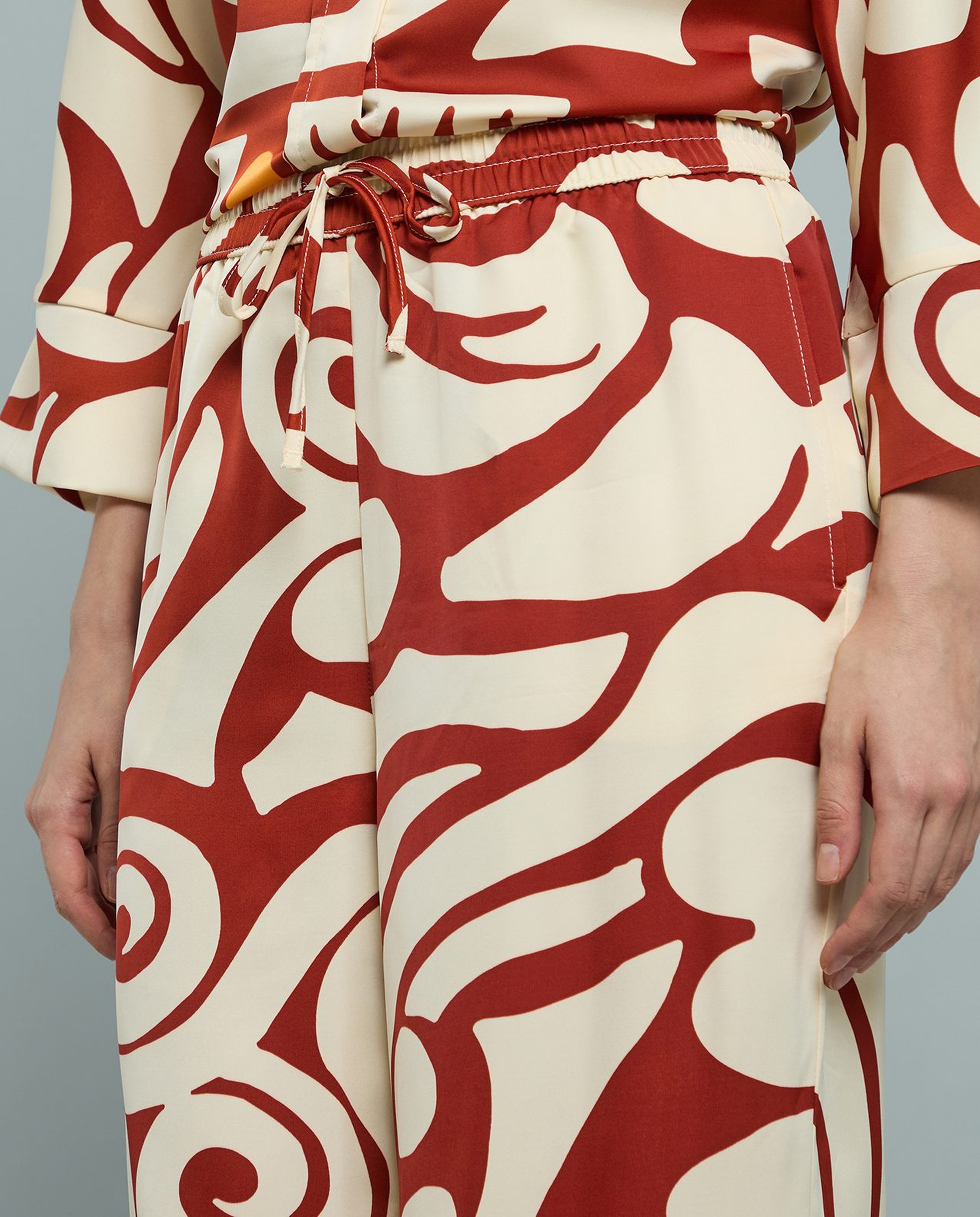 Patterned Satin Wide Leg Pants with Drawstring Waist