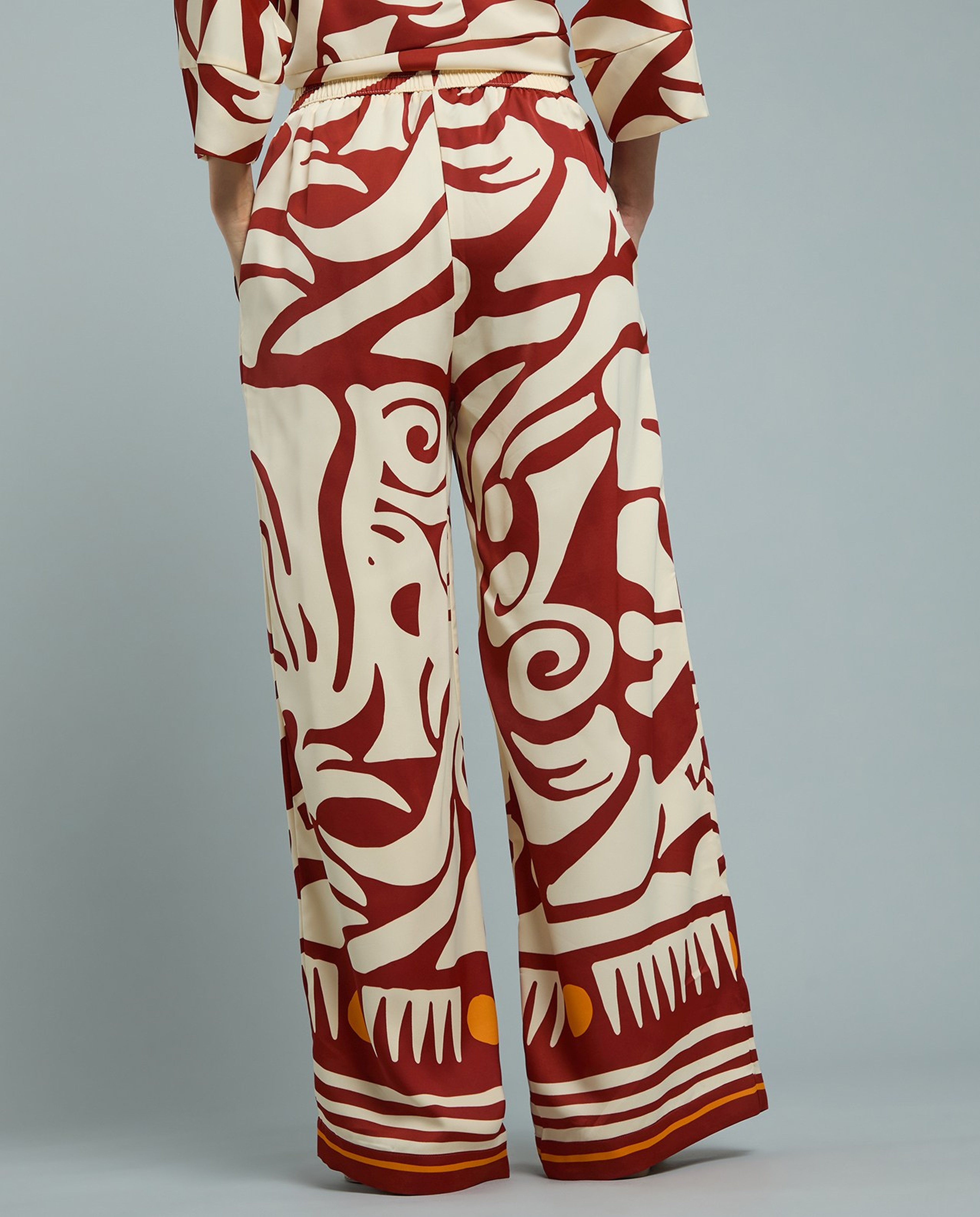 Patterned Satin Wide Leg Pants with Drawstring Waist