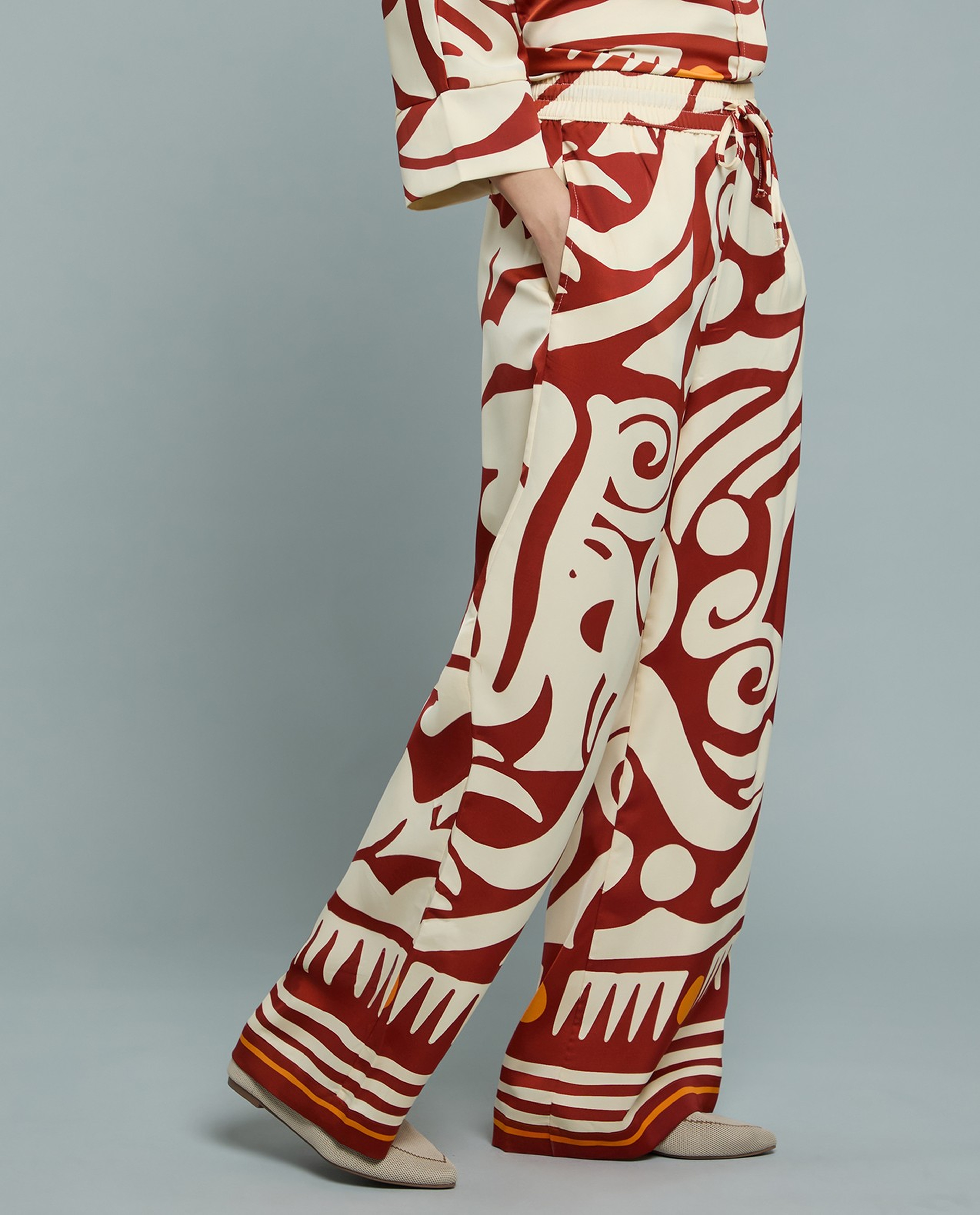 Patterned Satin Wide Leg Pants with Drawstring Waist