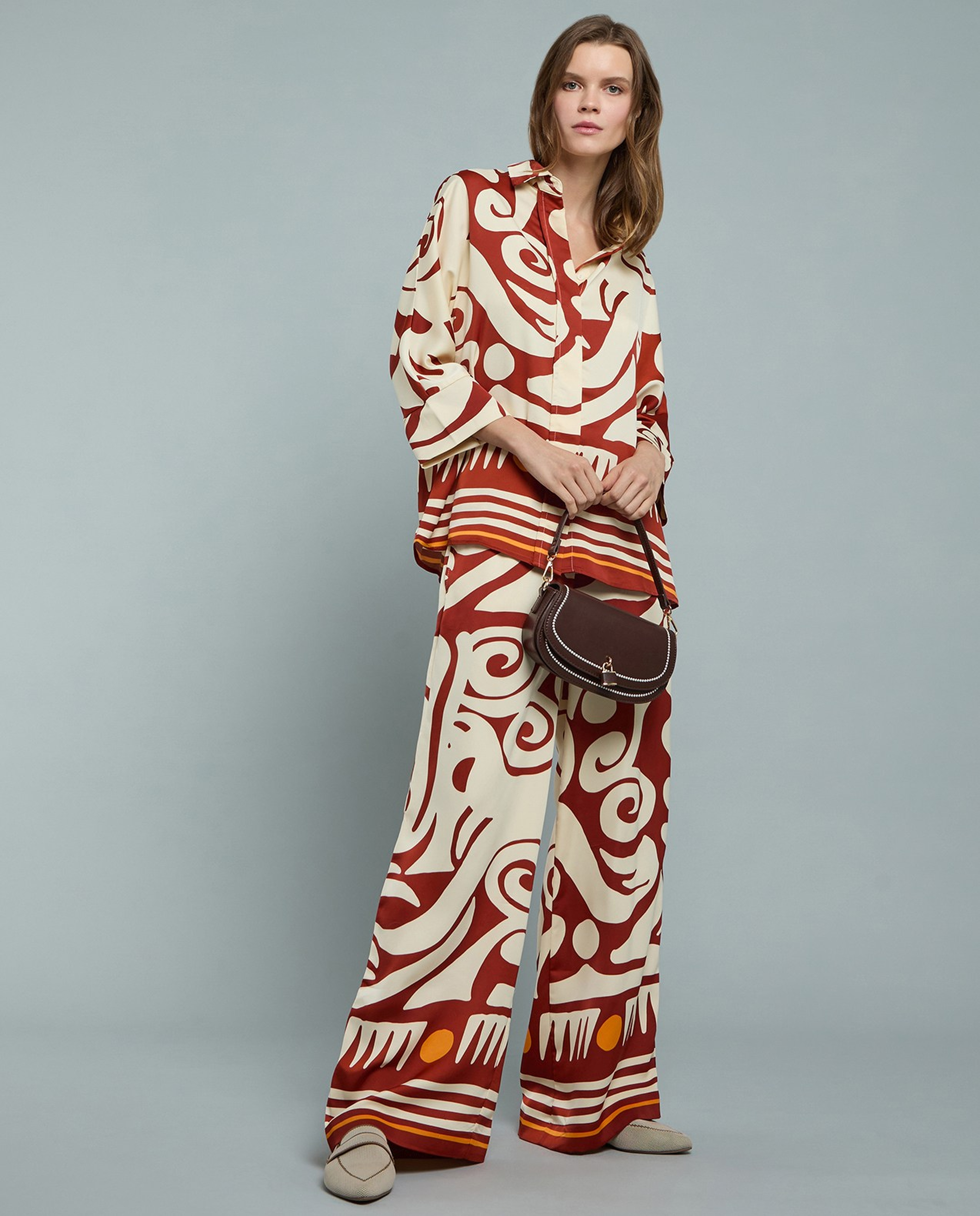 Patterned Satin Wide Leg Pants with Drawstring Waist