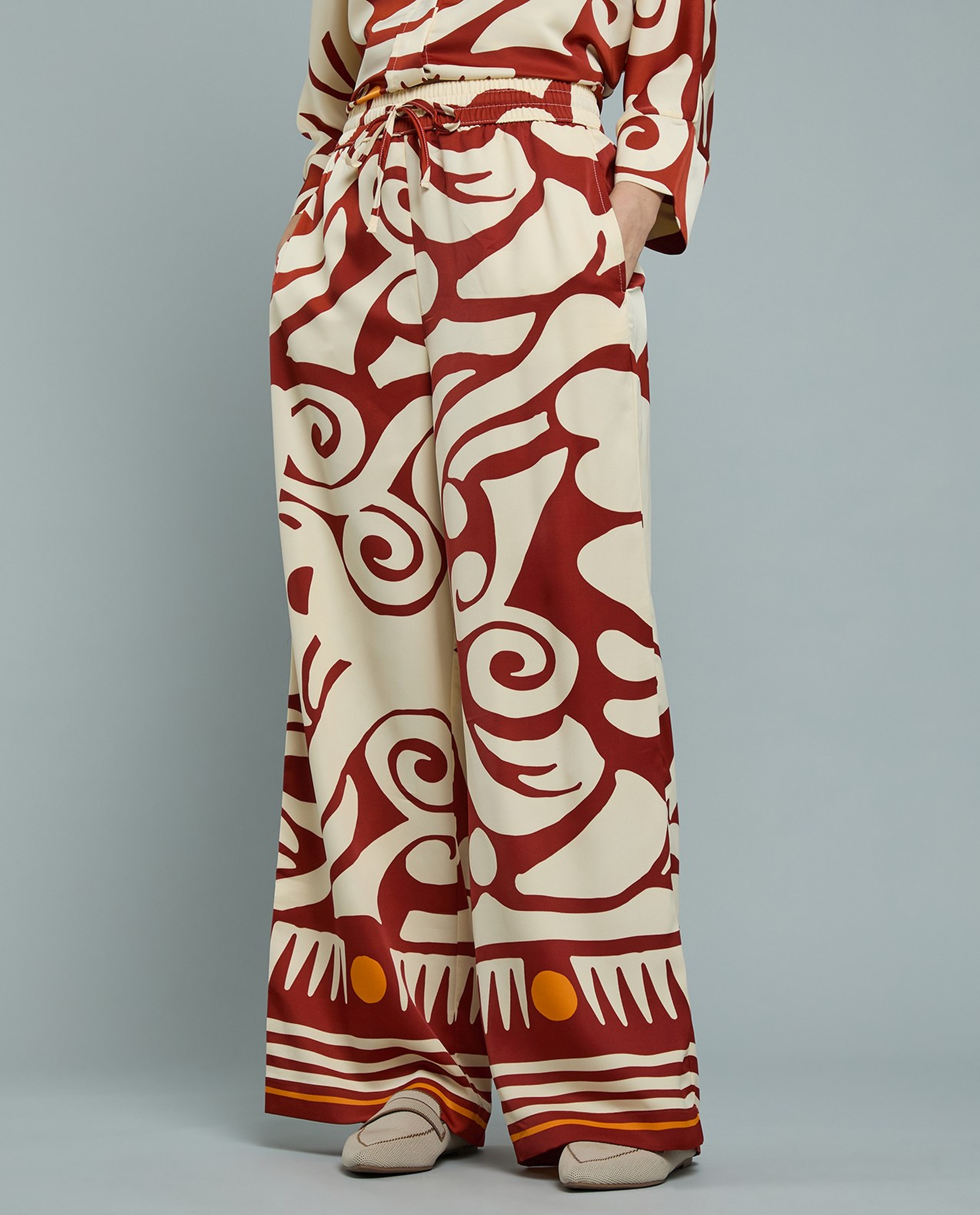 Patterned Satin Wide Leg Pants with Drawstring Waist