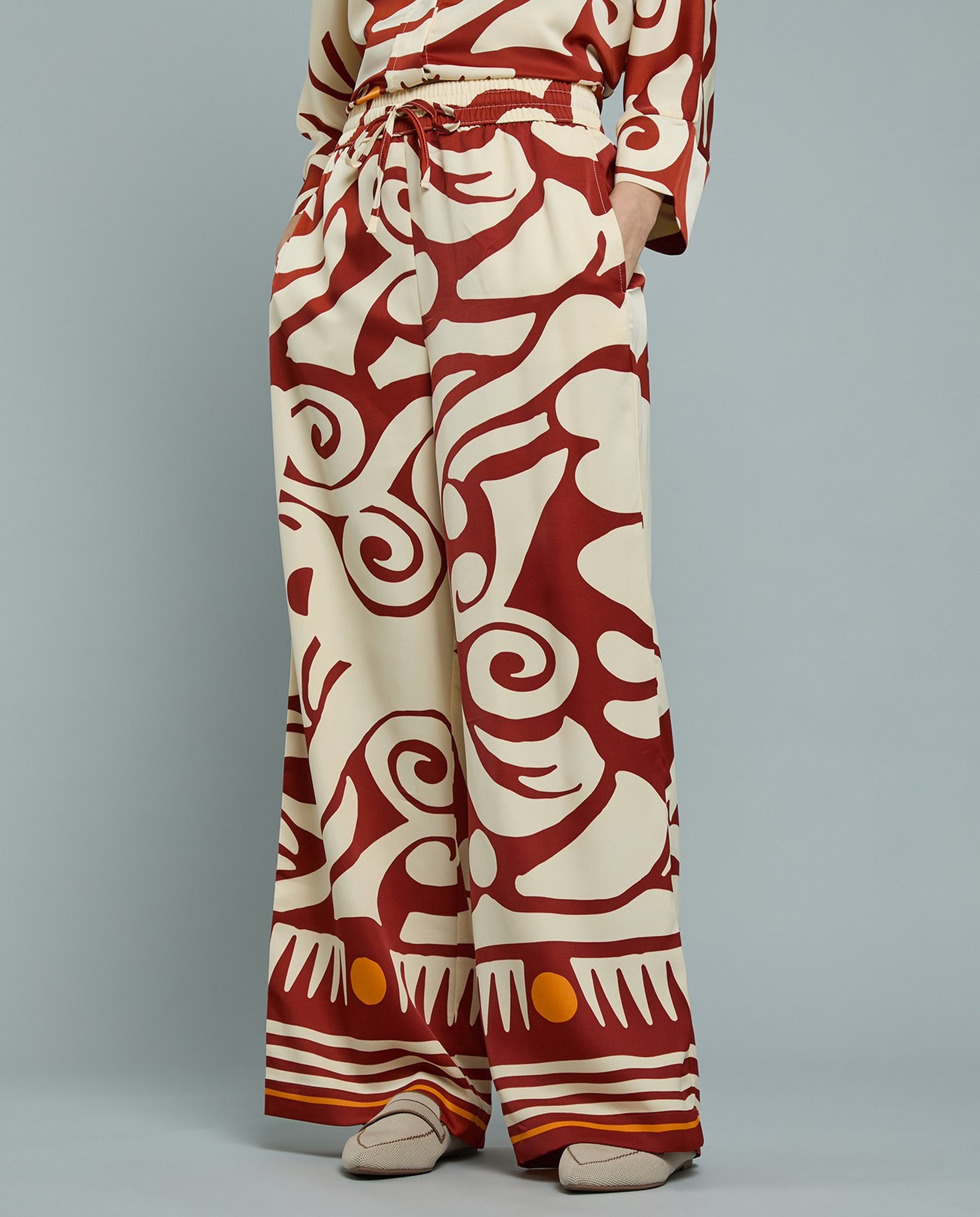 Patterned Satin Wide Leg Pants with Drawstring Waist