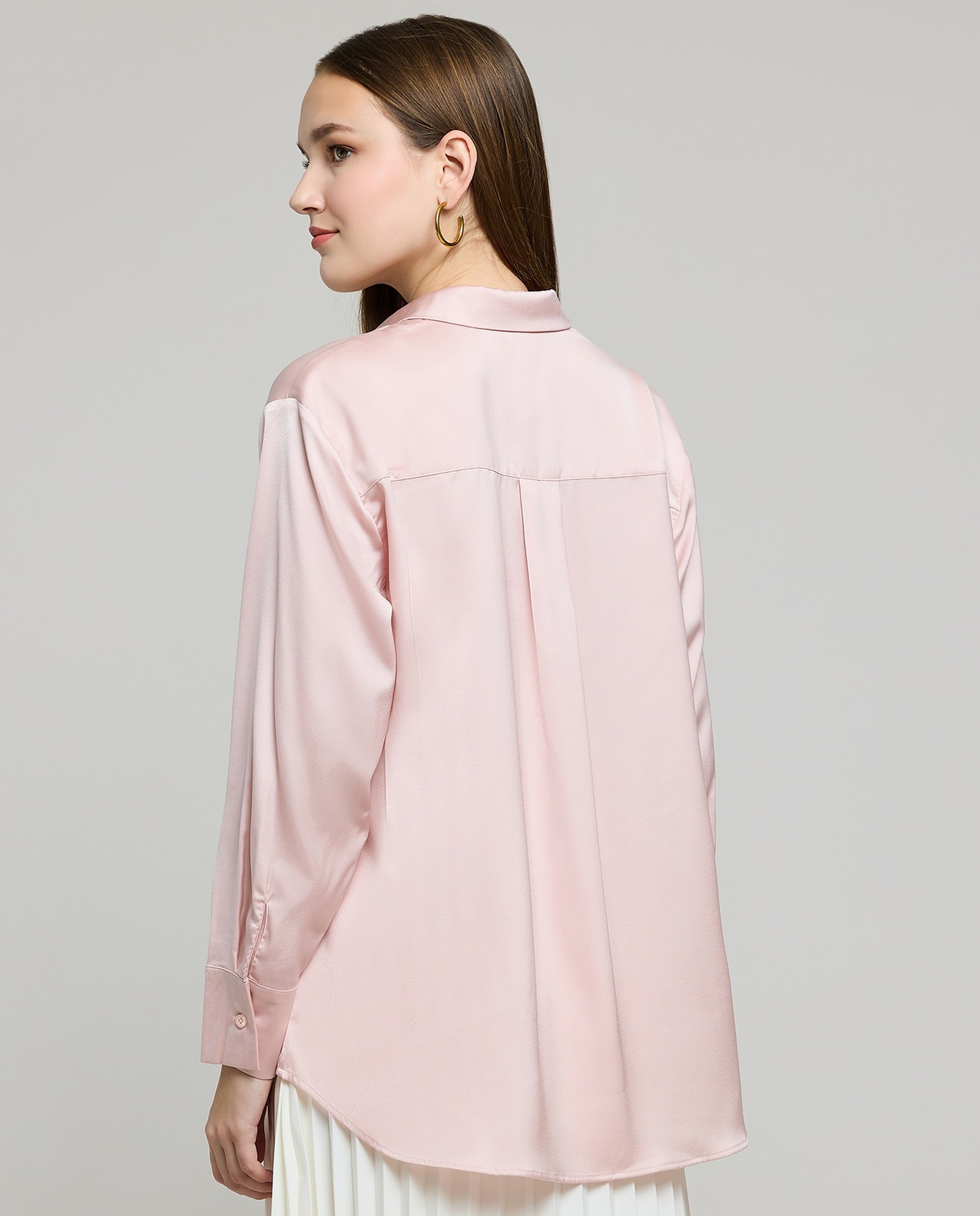 Solid Satin Shirt with Classic Collar and Long Sleeves