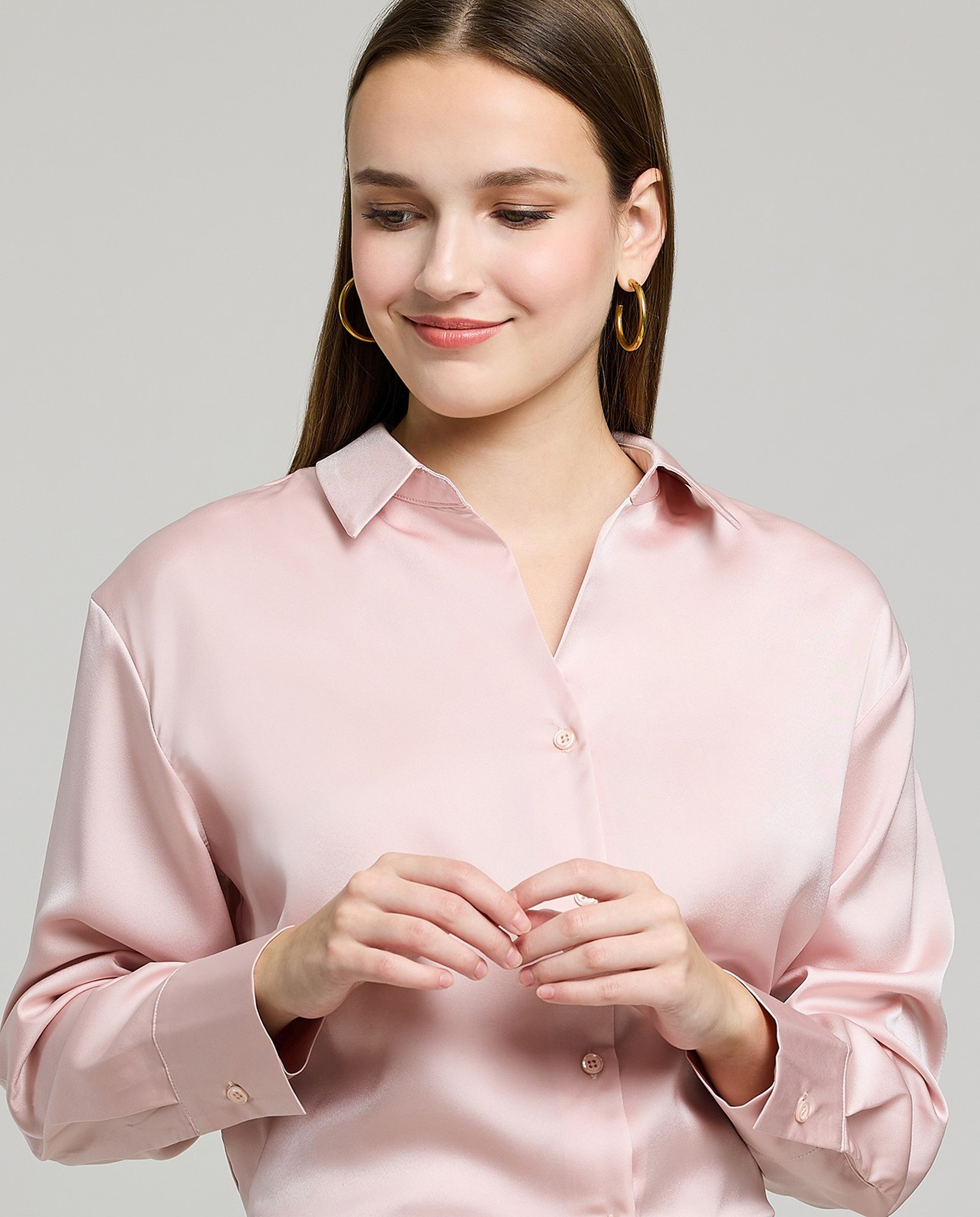 Solid Satin Shirt with Classic Collar and Long Sleeves