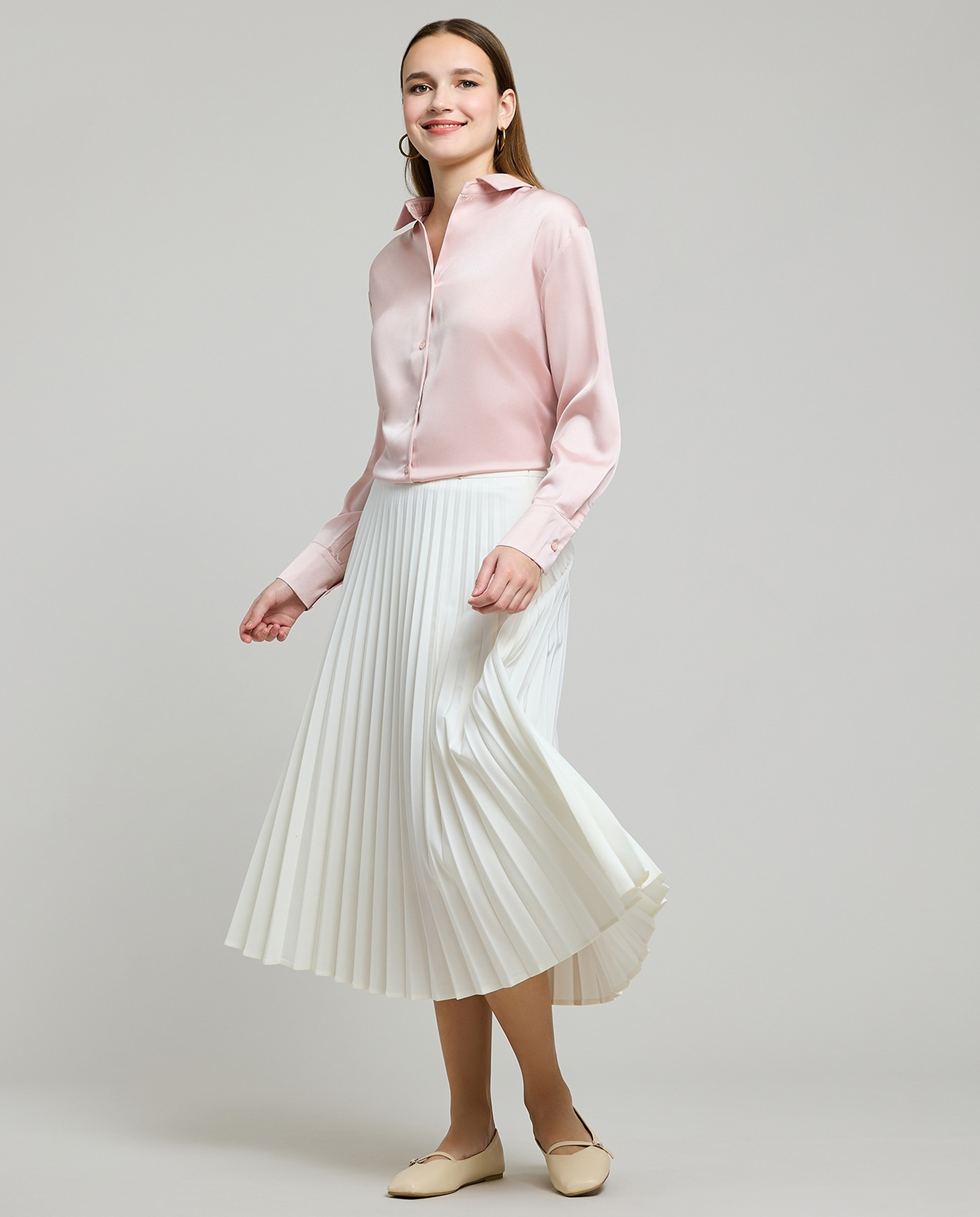 Solid Satin Shirt with Classic Collar and Long Sleeves