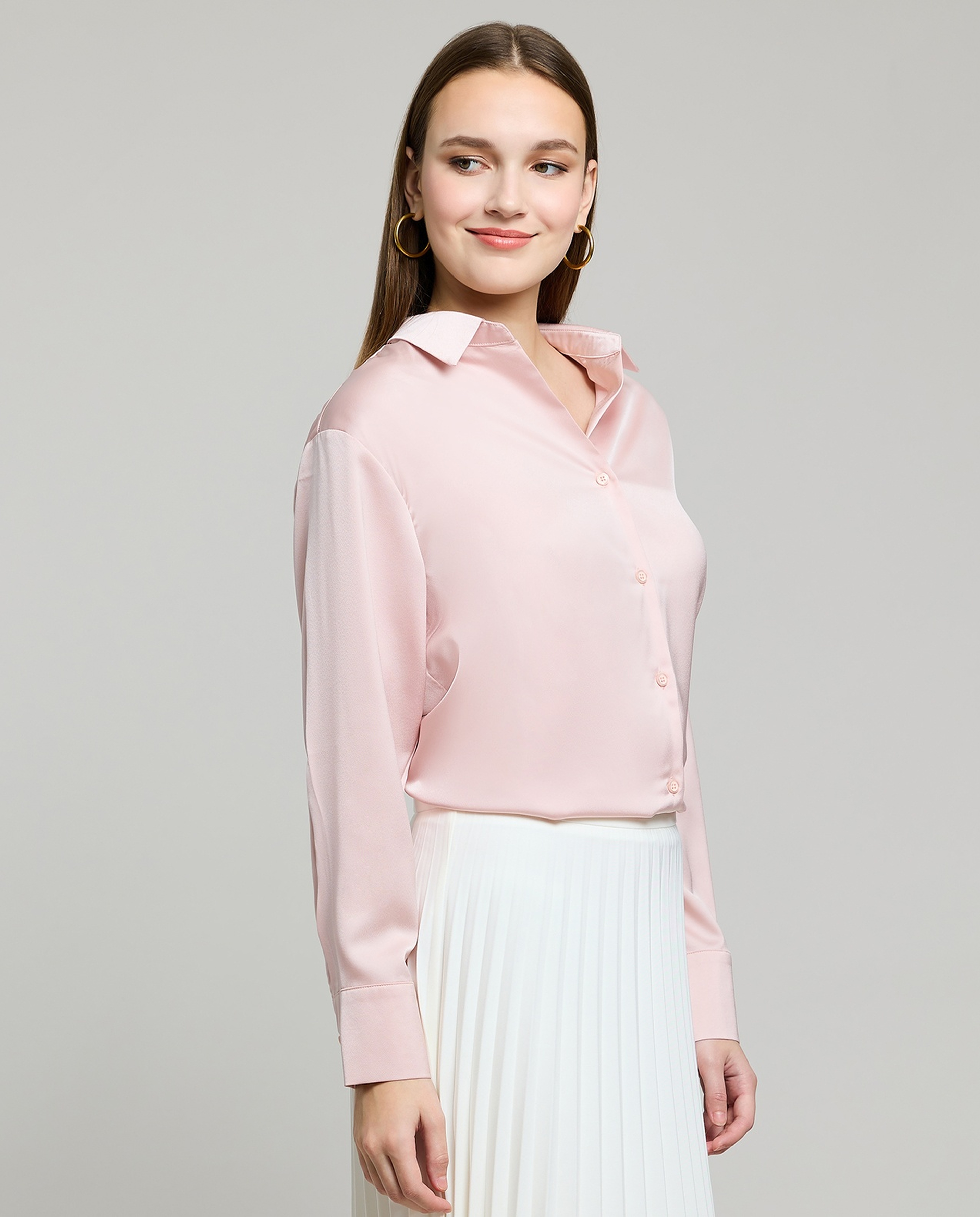 Solid Satin Shirt with Classic Collar and Long Sleeves