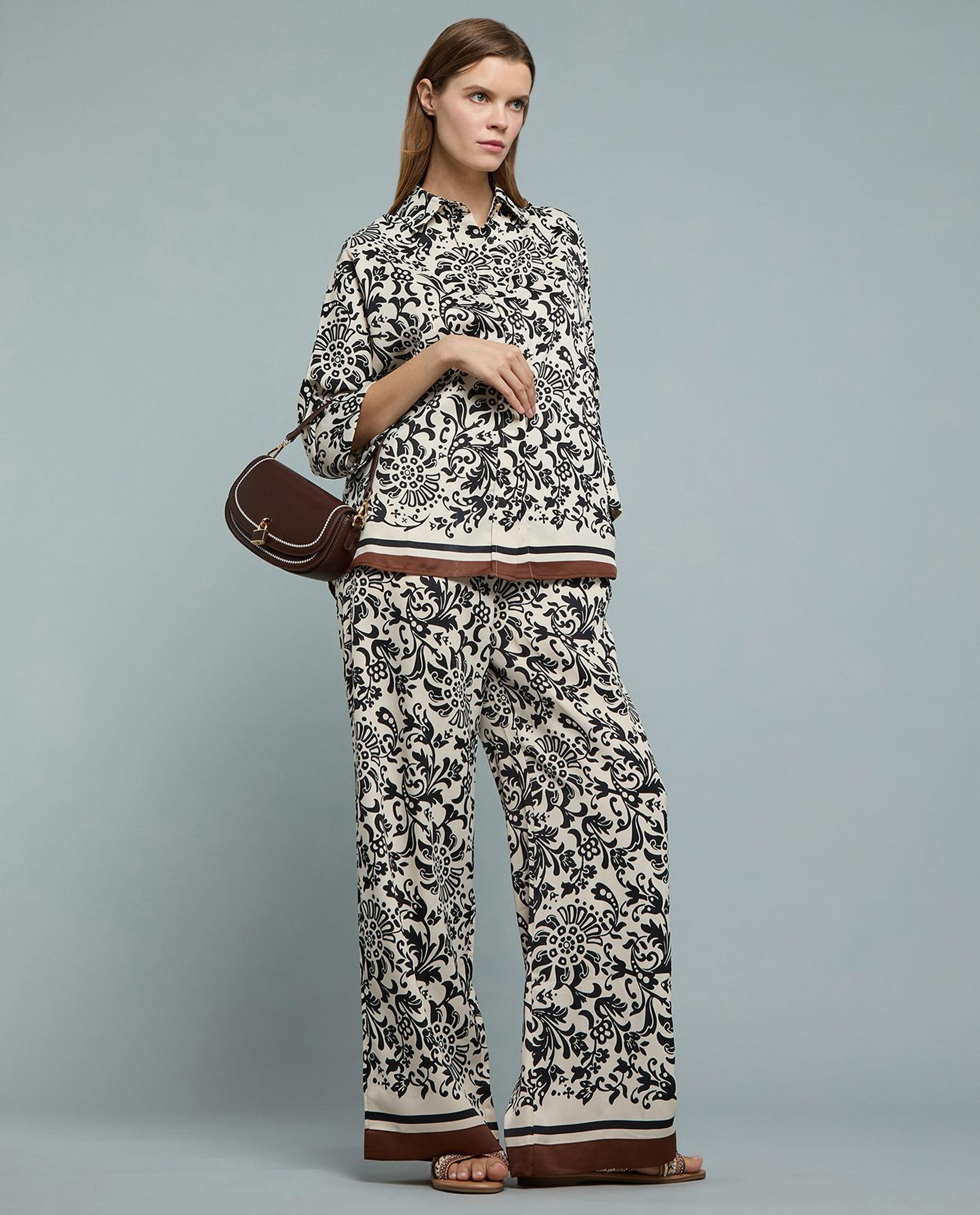 Patterned Satin Wide Leg Pants with Drawstring Waist