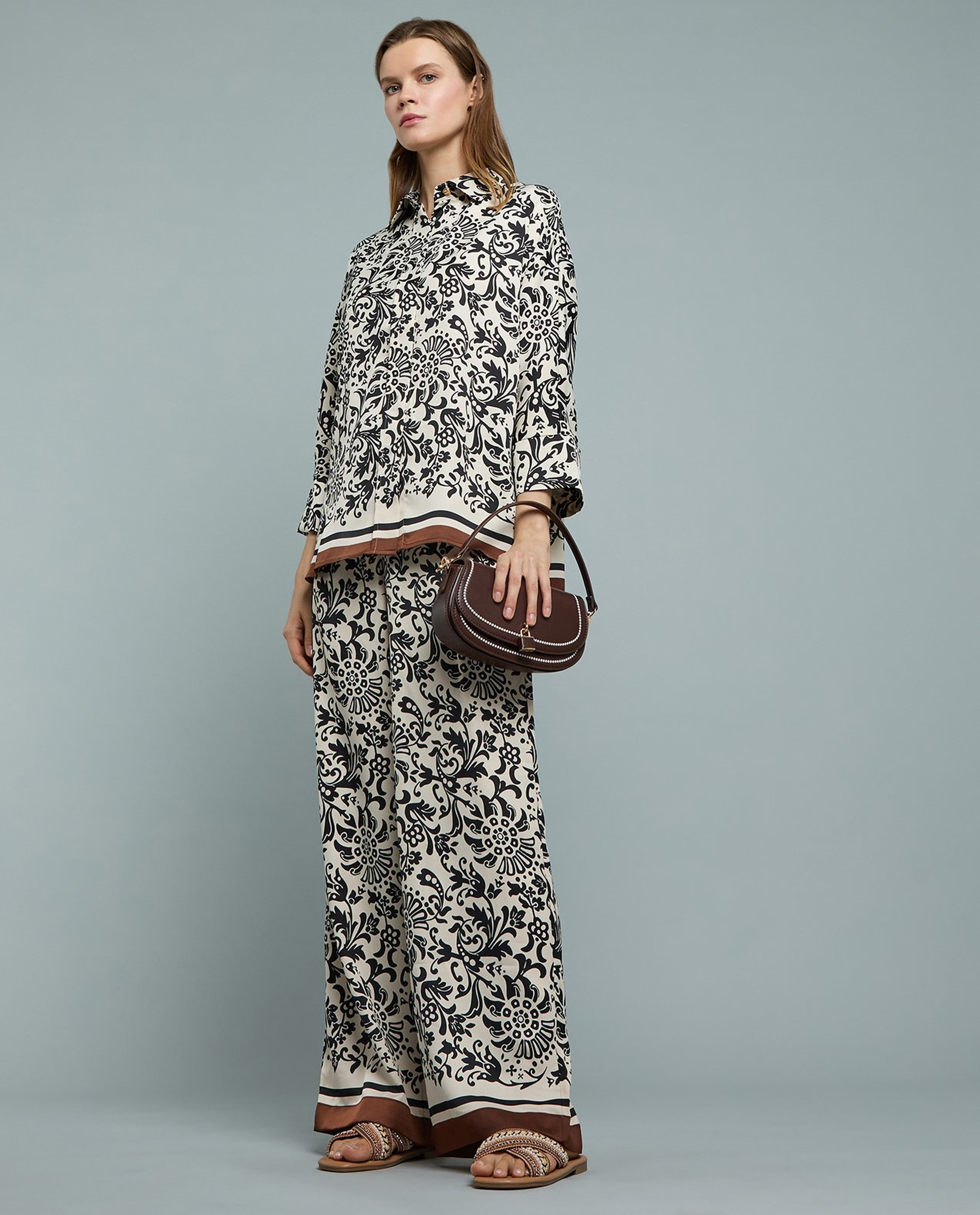 Patterned Satin Wide Leg Pants with Drawstring Waist