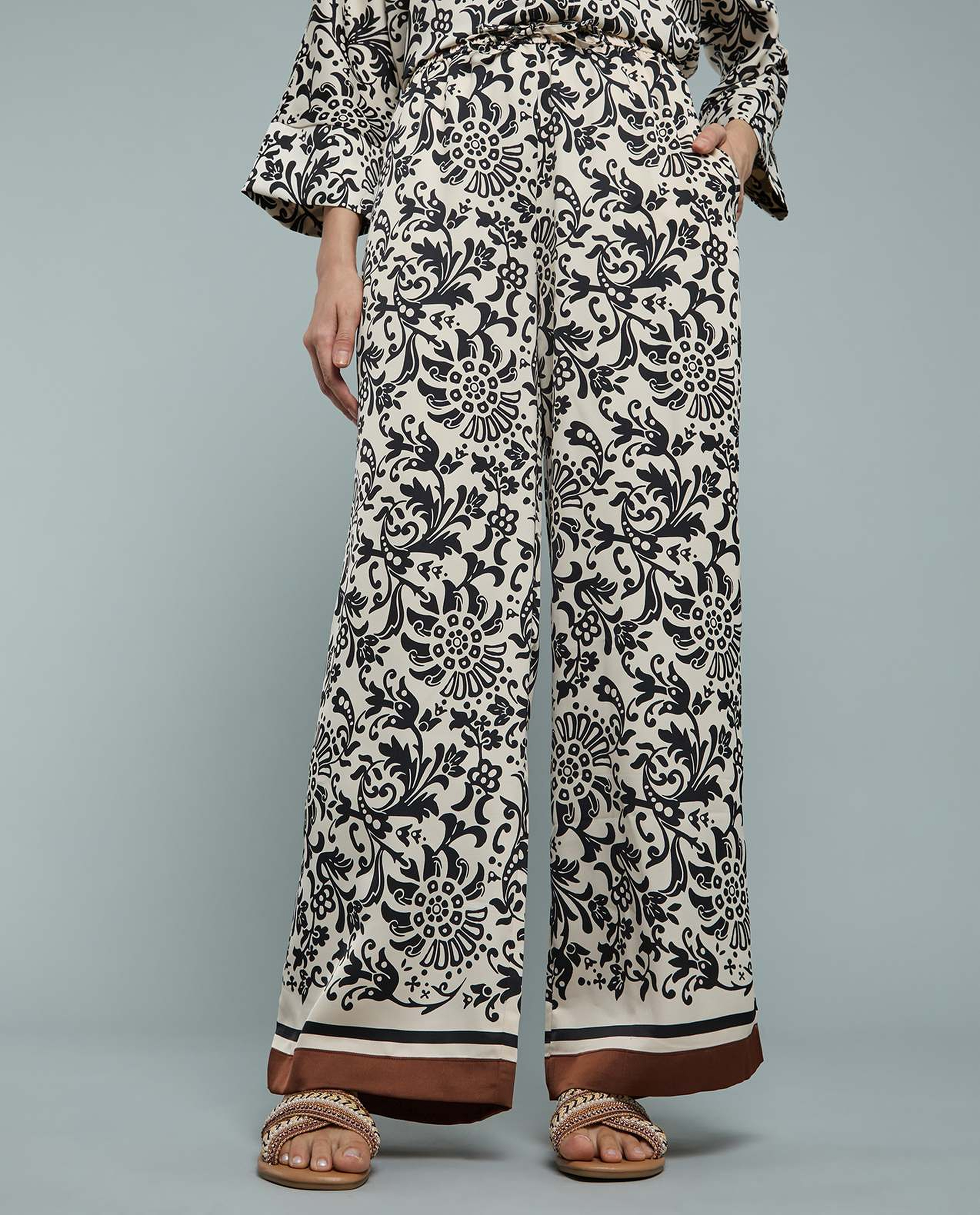 Patterned Satin Wide Leg Pants with Drawstring Waist