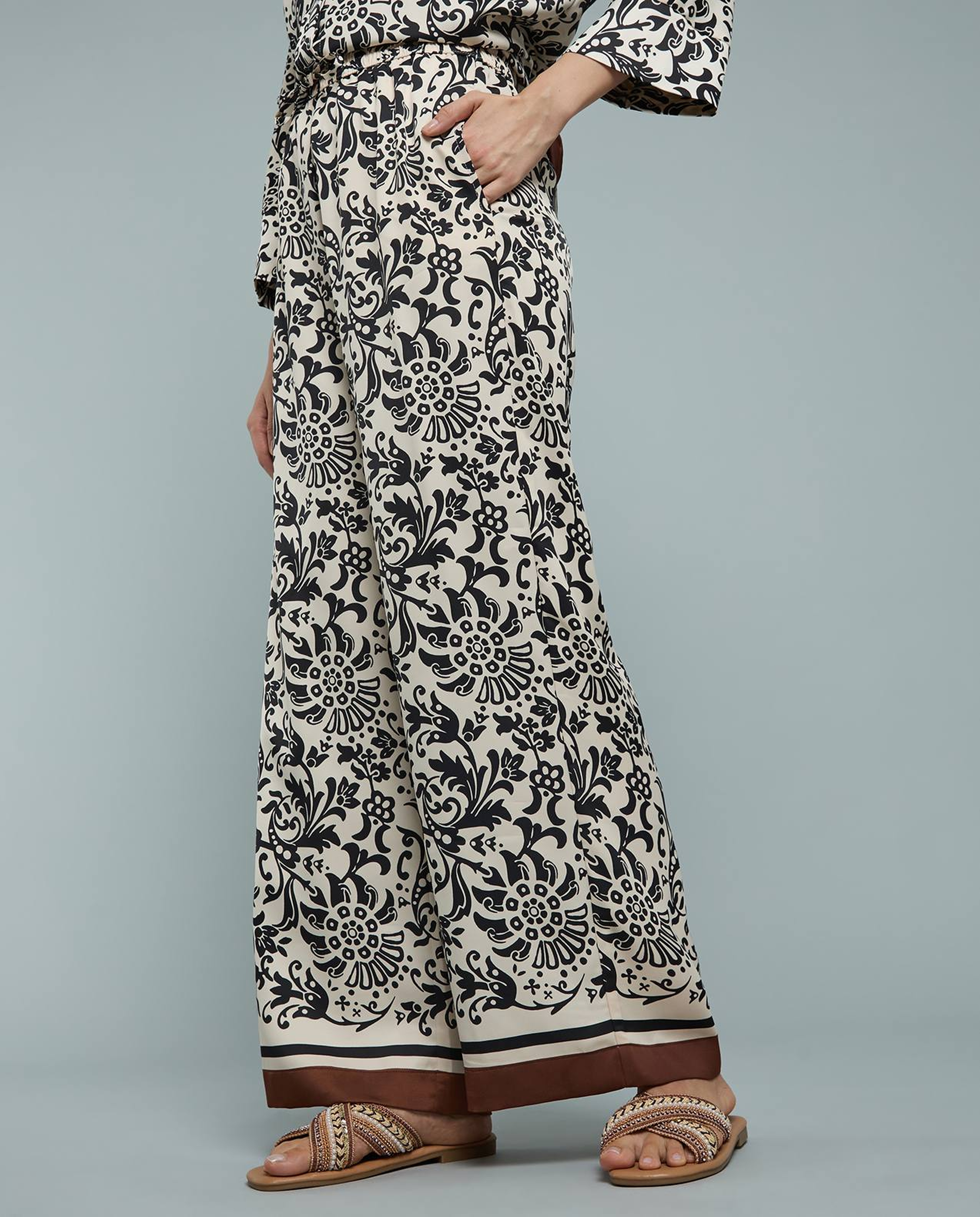 Patterned Satin Wide Leg Pants with Drawstring Waist