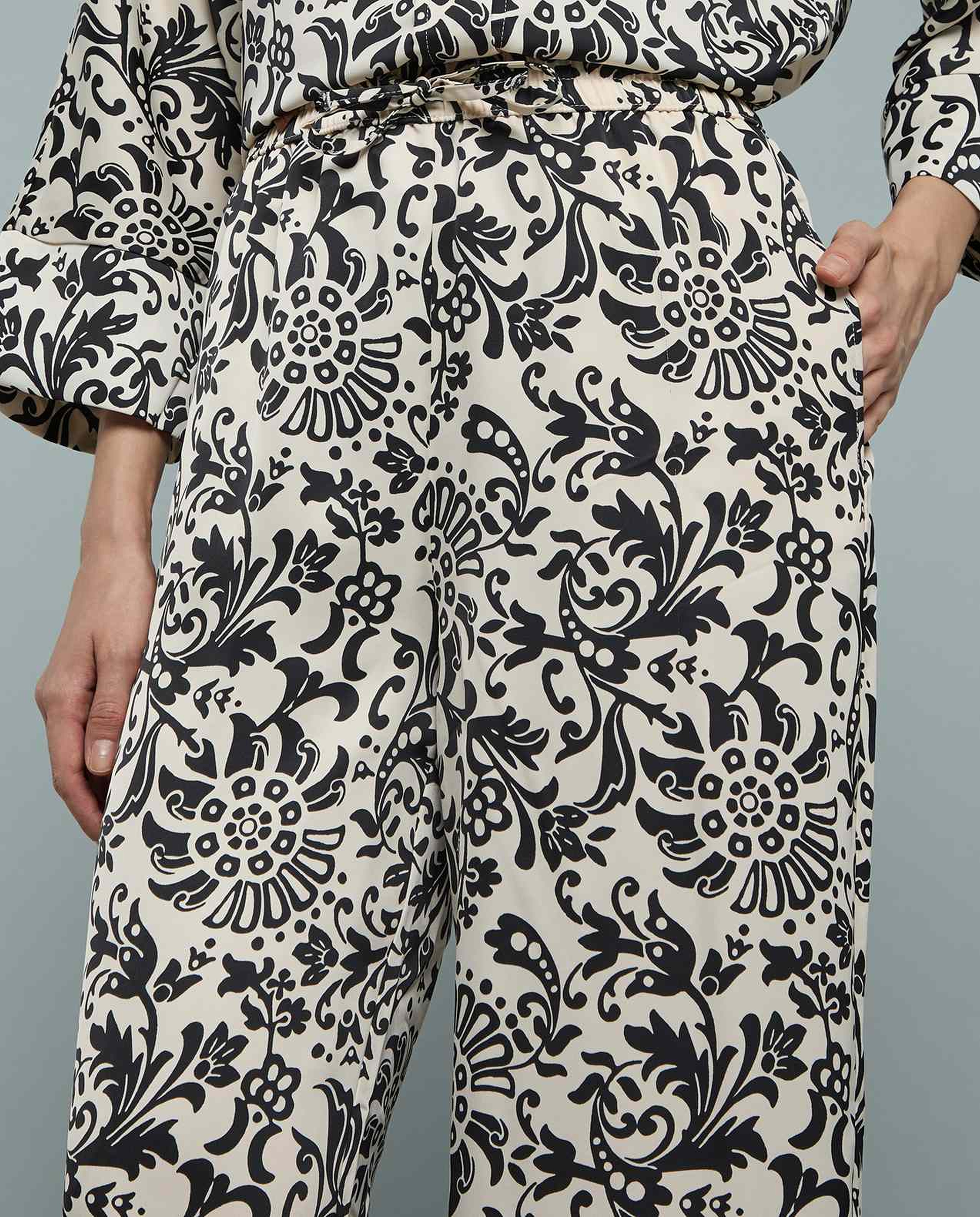 Patterned Satin Wide Leg Pants with Drawstring Waist