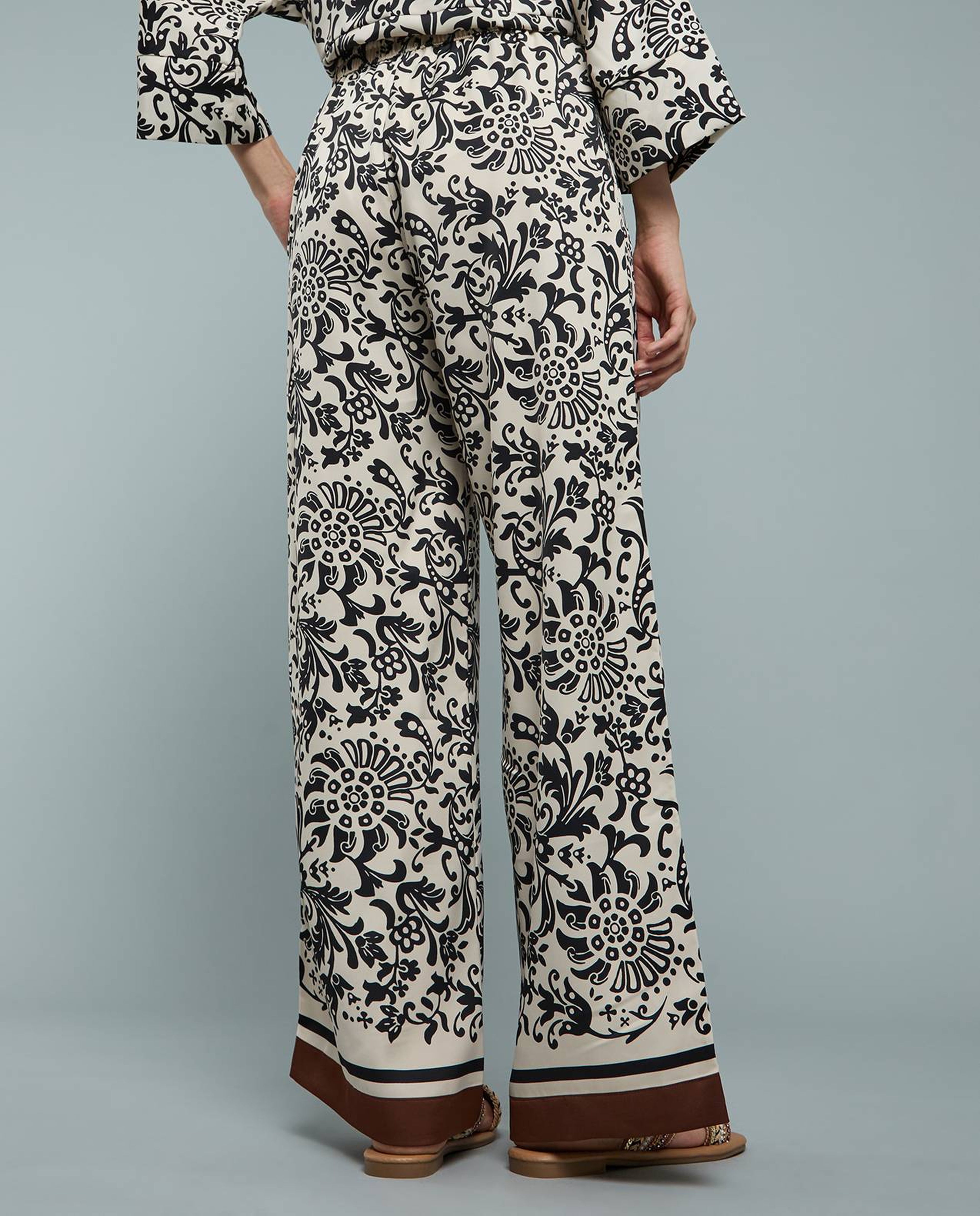 Patterned Satin Wide Leg Pants with Drawstring Waist