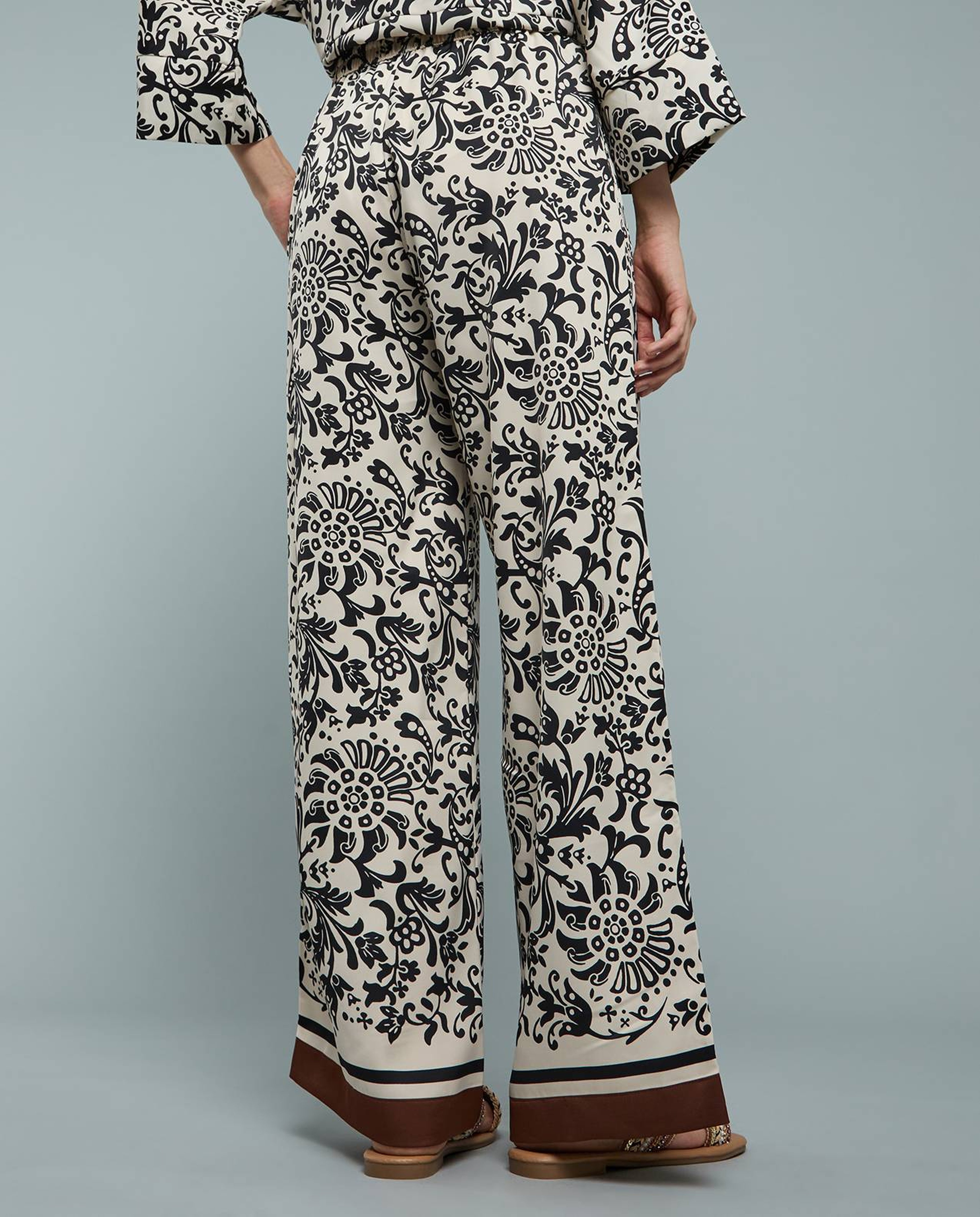 Patterned Satin Wide Leg Pants with Drawstring Waist
