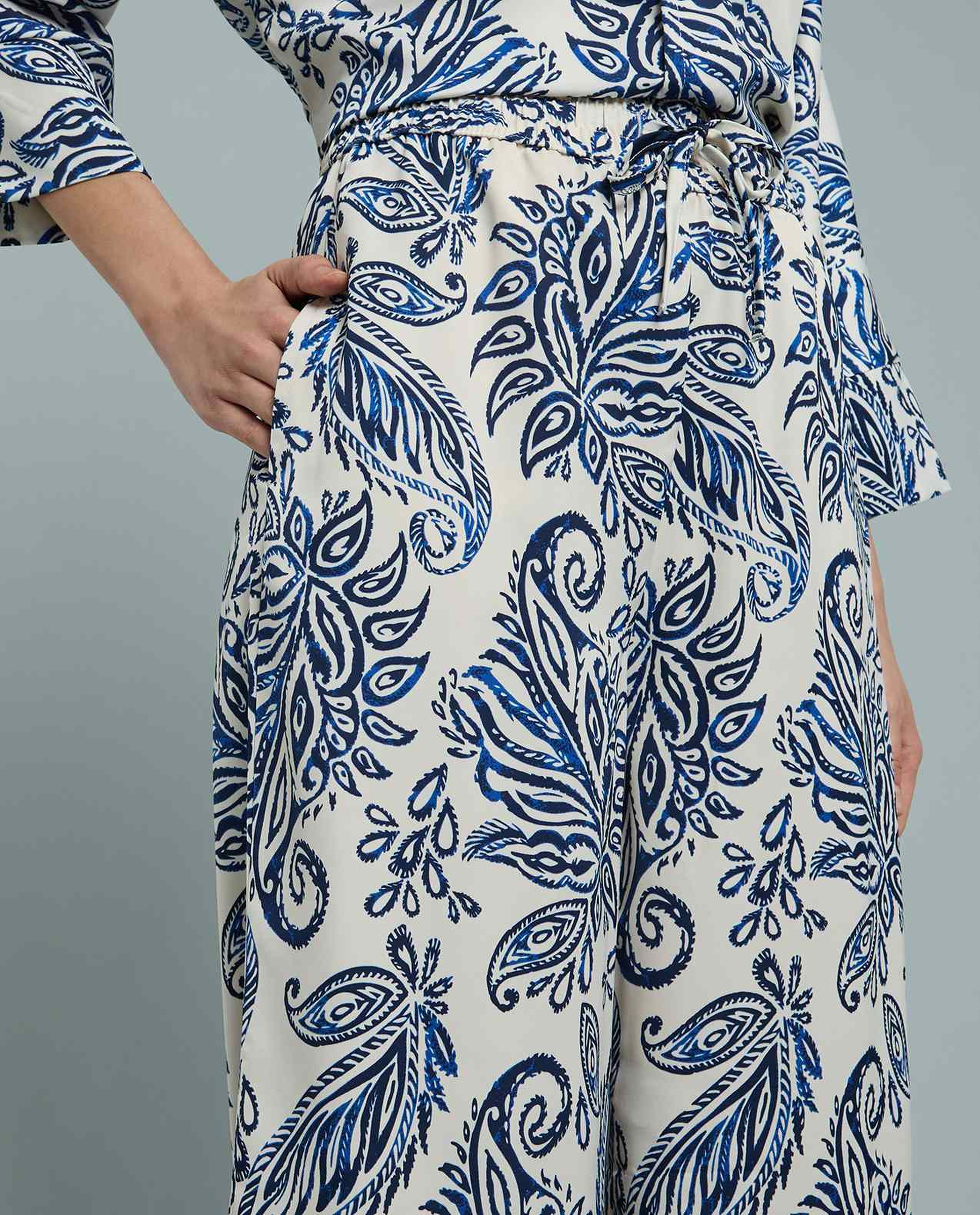 Patterned Satin Wide Leg Pants with Drawstring Waist